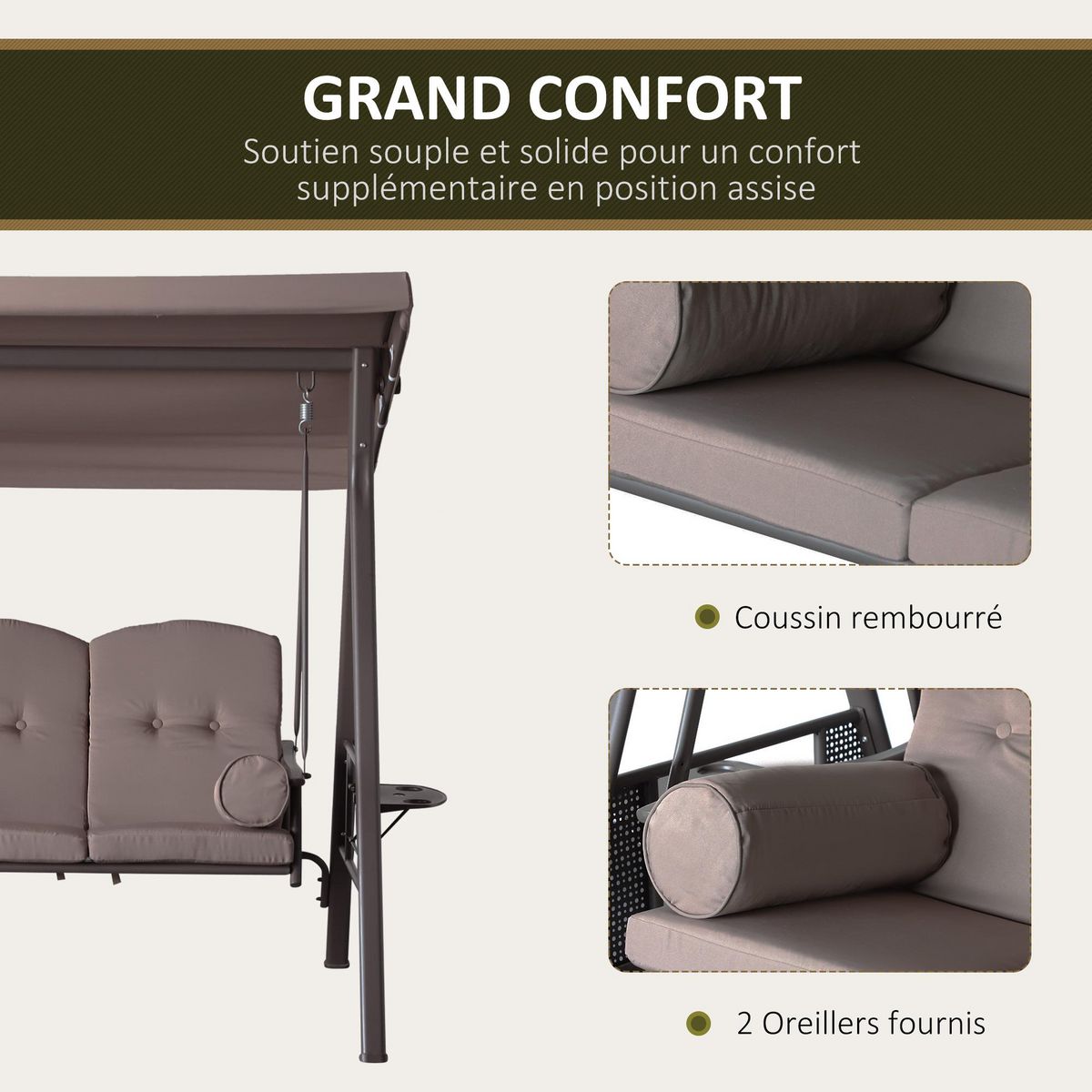 OUTSUNNY Balancelle de jardin 3 places grand confort toit inclinaison réglable coussins plateaux rétractables polyester filé marron