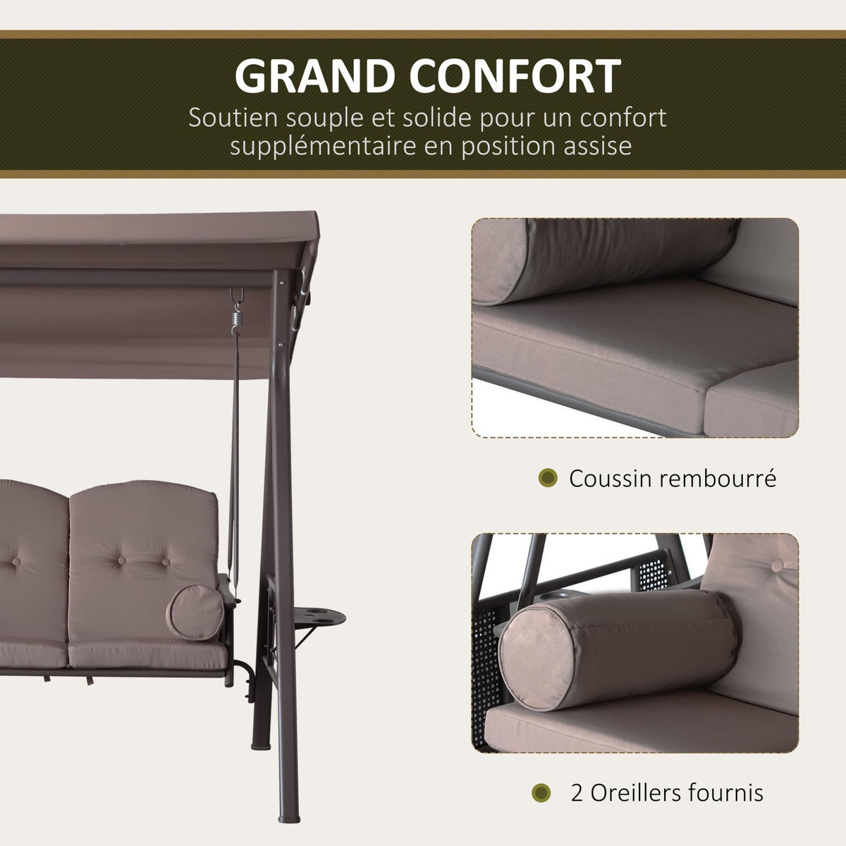 OUTSUNNY Balancelle de jardin 3 places grand confort toit inclinaison réglable coussins plateaux rétractables polyester filé marron