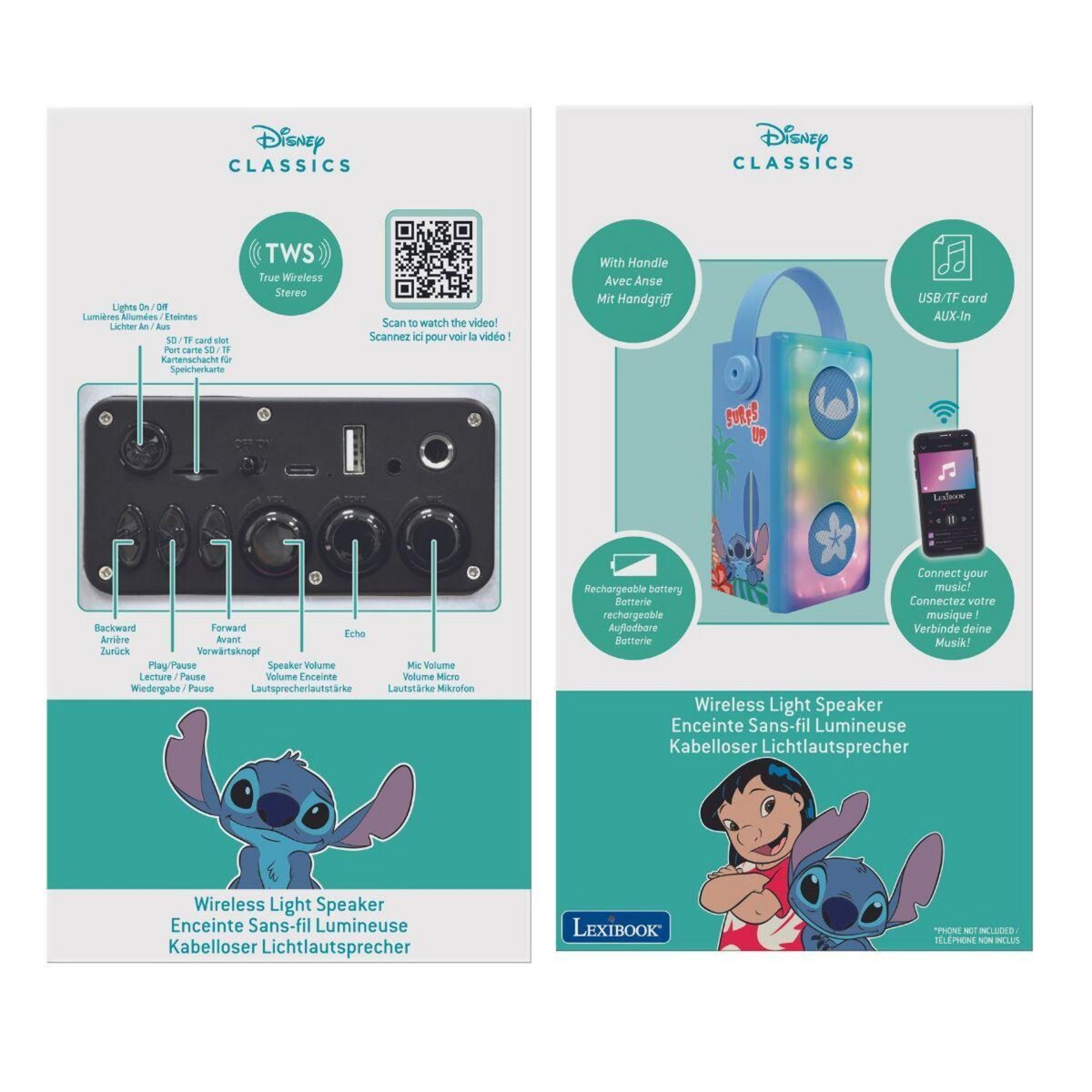Lexibook Enceinte Bluetooth portable avec micro et effets lumineux Stitch
