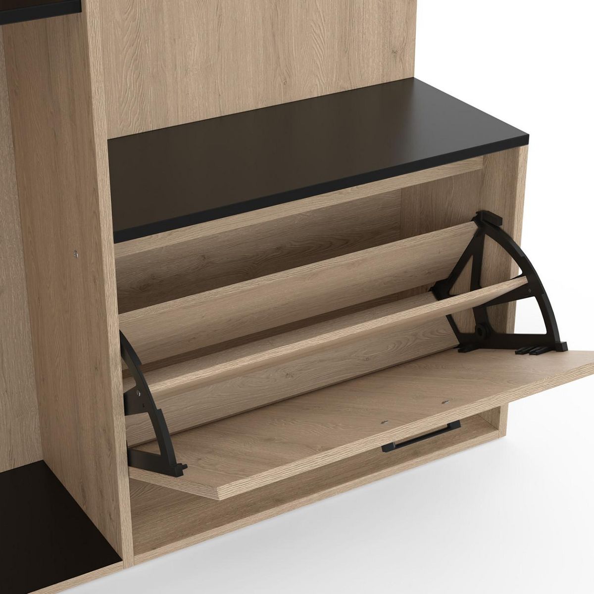 ID MARKET Vestiaire d'entrée rangement chaussures avec miroir et étagères MAHAUT 1 porte effet bois et noir