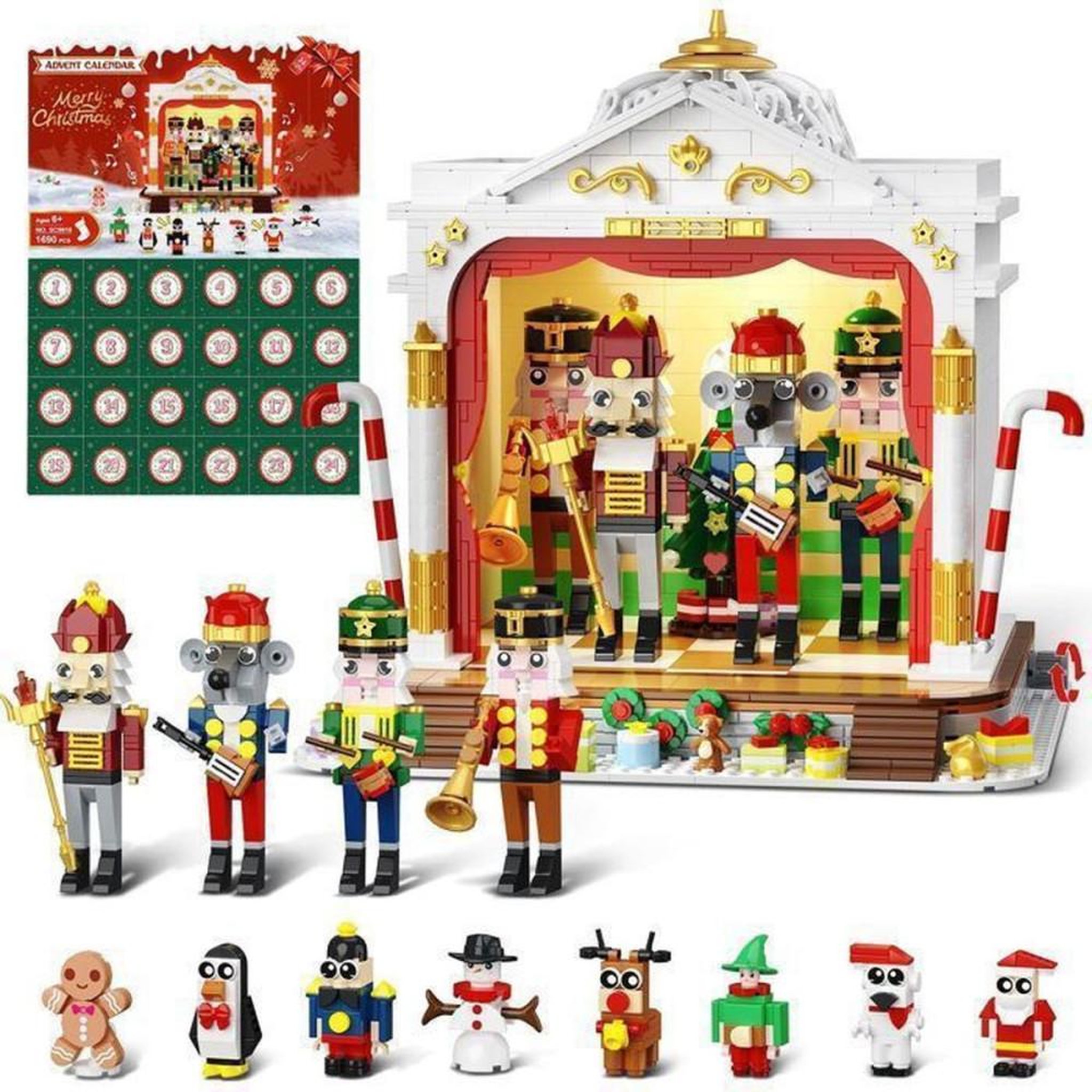 Calendrier de l'Avent kit de construction Théâtre Casse-Noisette avec LED chaleureuses, 24 jours, 1 690 mini briques et figurines