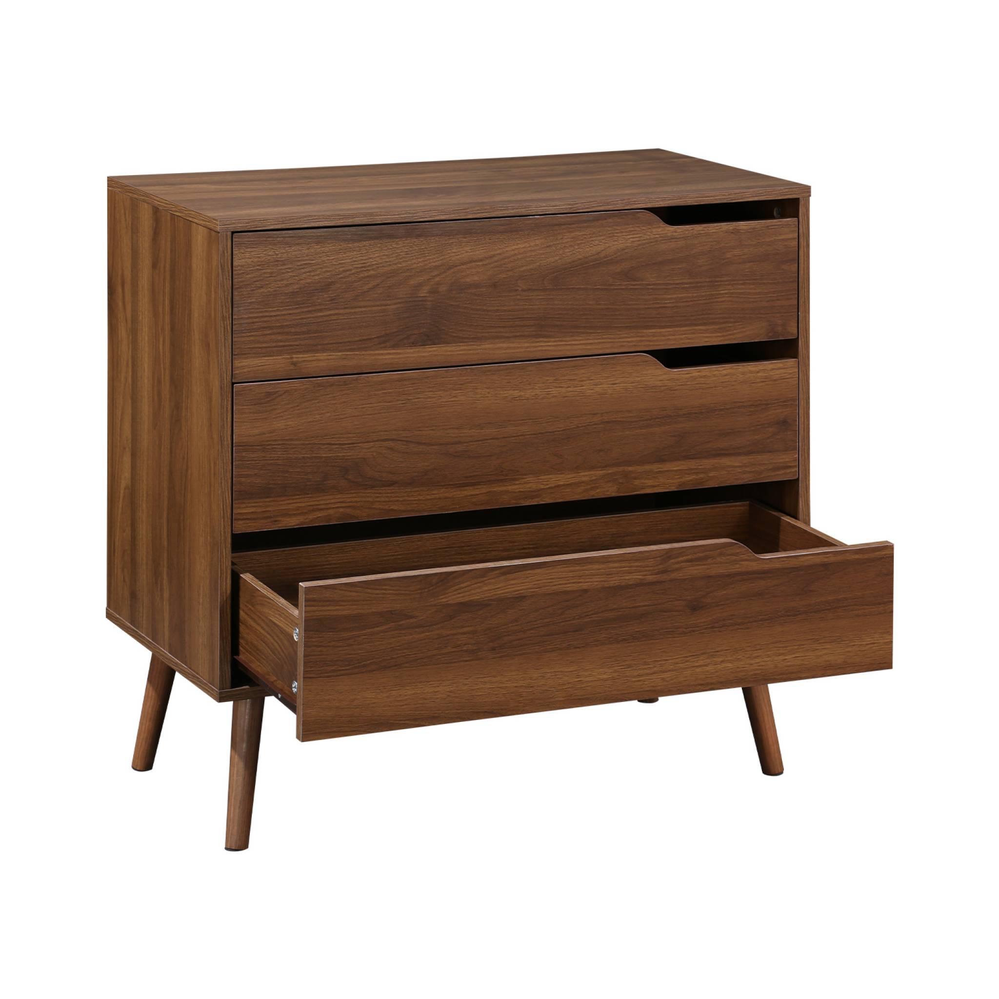 Voir la diapositive 4 : SWEEEK Commode décor bois de noyer. 3 tiroirs. pieds en pin massif
