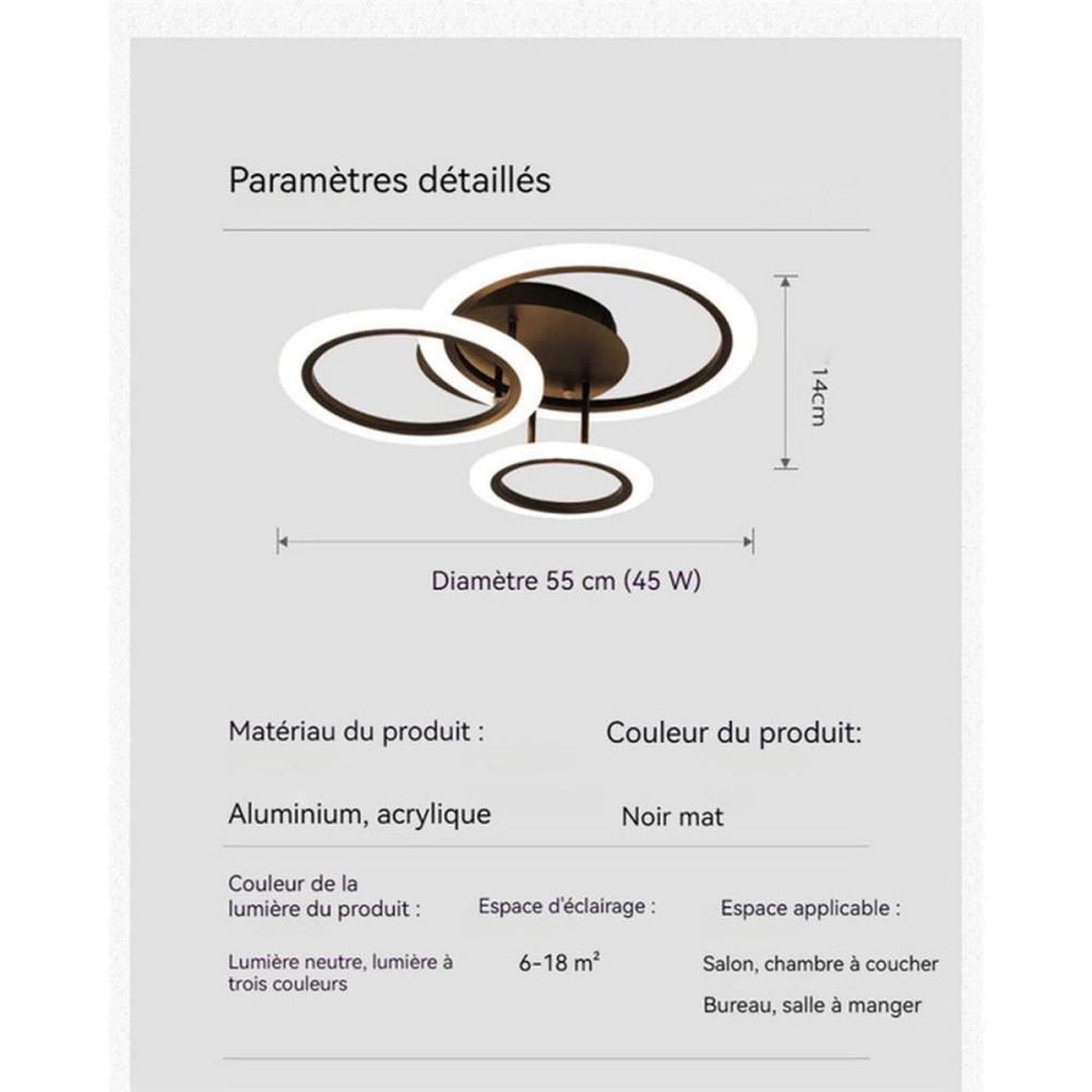 Voir la diapositive 6 : Plafonnier LED 3 anneaux circulaires dimmable 45 W 55 cm lumière CCT 2700-6500 K, métal noir mat et diffuseur acrylique