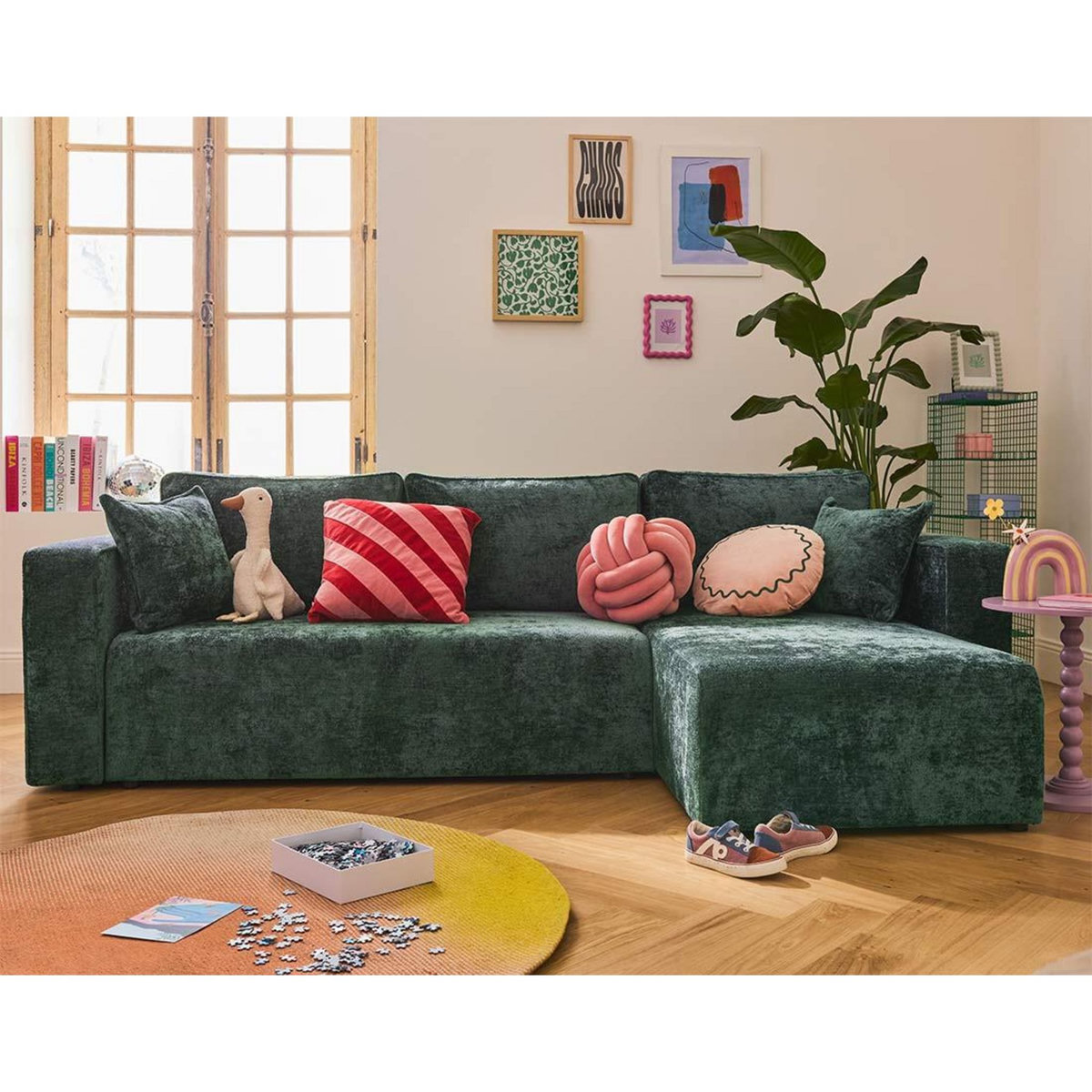 BEST MOBILIER Topaze - canapé d'angle réversible 4 places convertible avec coffre en velours à relief texturé