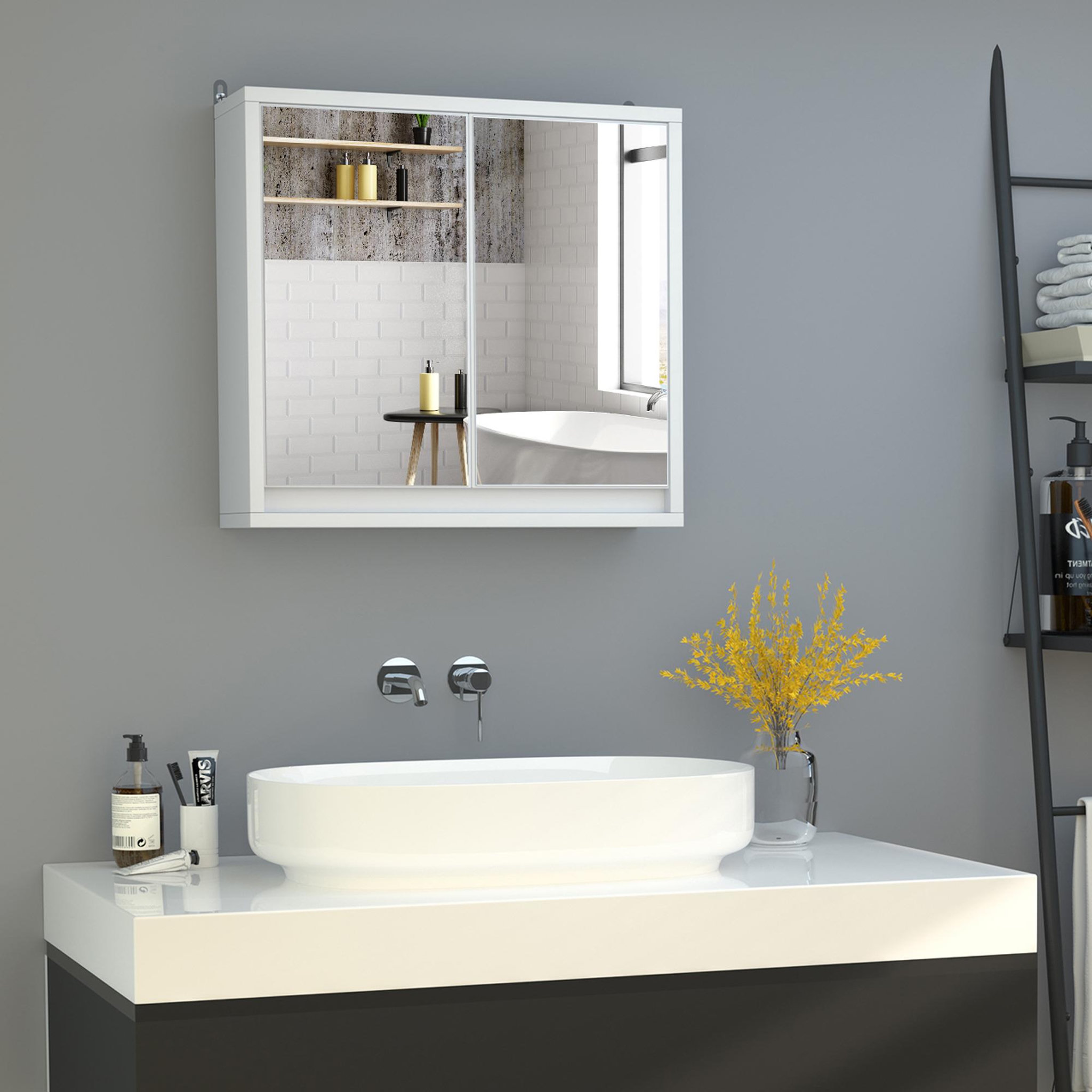 Voir la diapositive 2 : HOMCOM Armoire murale miroir salle de bain 2 étagères dim. 48l x 14l x 45h cm panneaux particules mdf blanc
