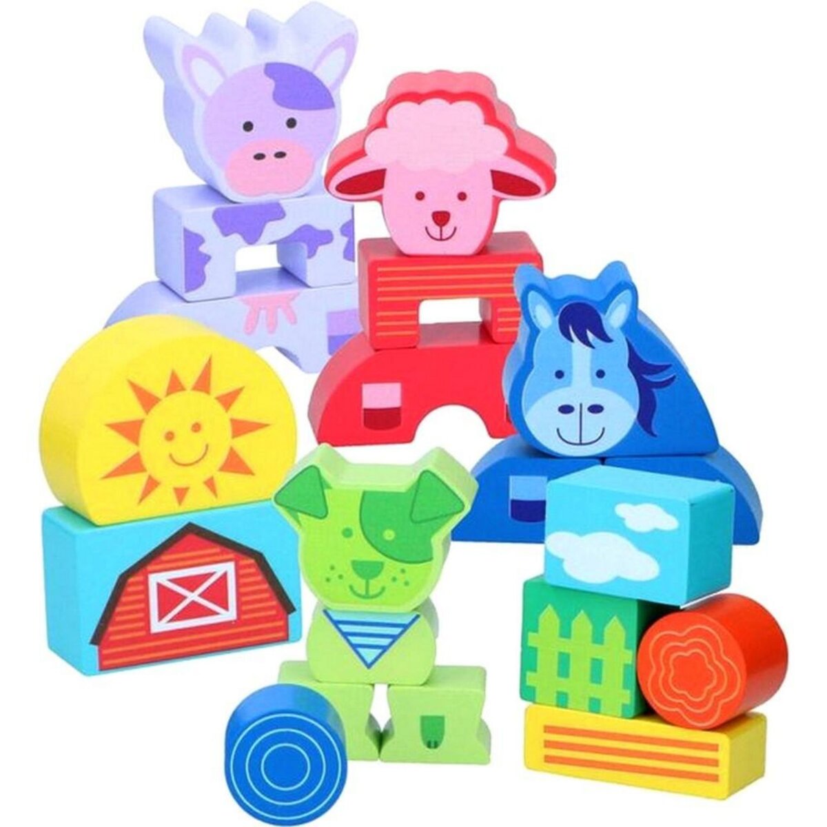 20 bloc construction bois jouet cube animal bebe enfant pas cher 