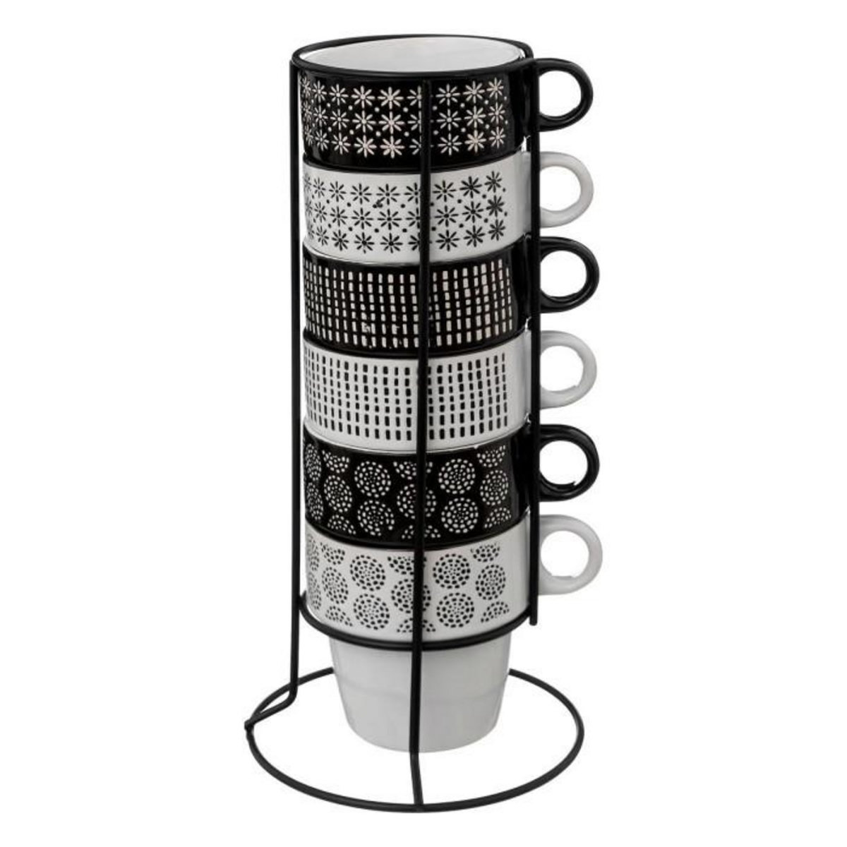 SECRET DE GOURMET Lot de 6 Mugs sur Rack  Ethnik  26cl Noir & Blanc