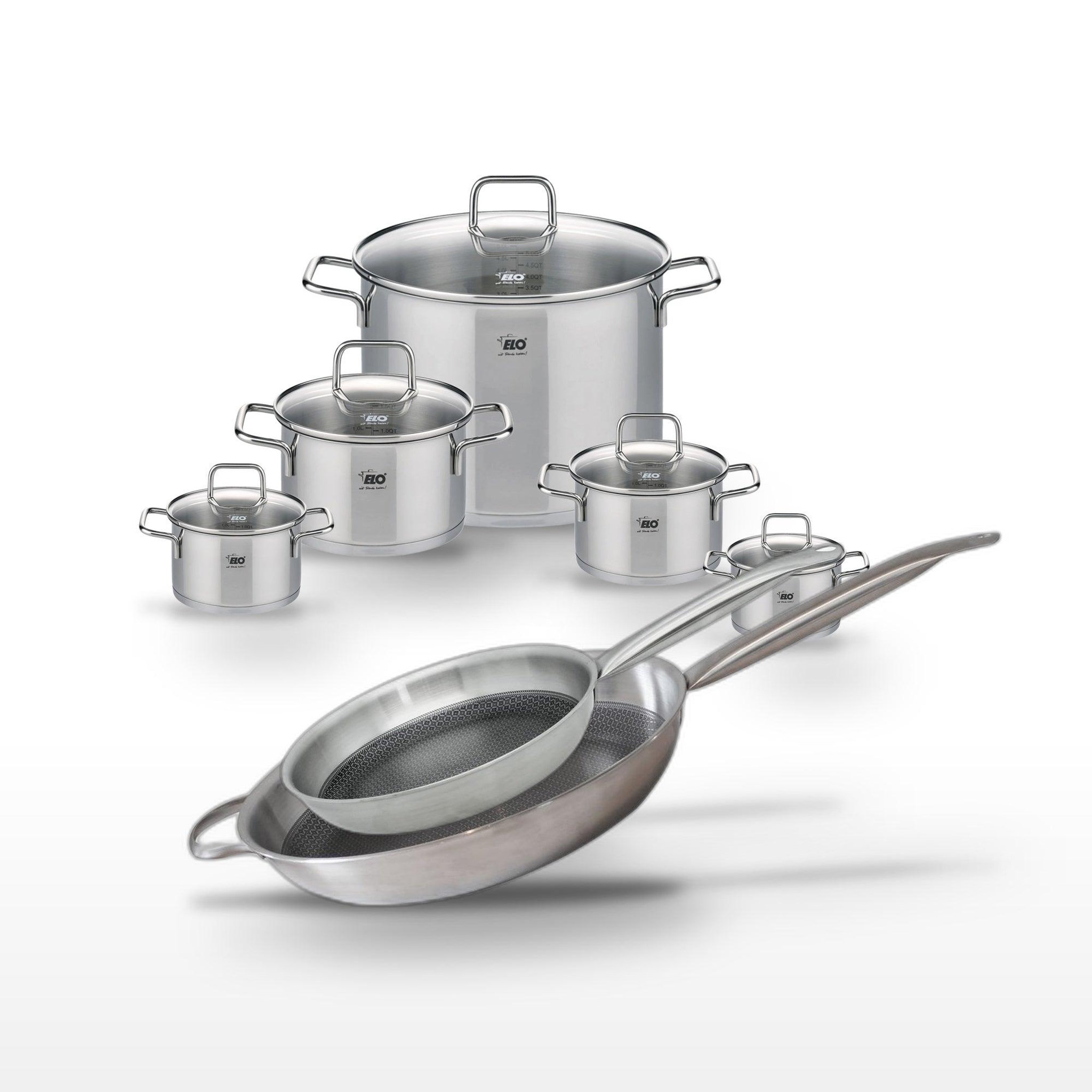 ELO Batterie de cuisine avec 2 faitouts 12/14 cm 1 faitout 16 cm 2 faitouts 20/26 cm et 1 poêle 28/32 cm sans pfas elo collection relief solution citrin