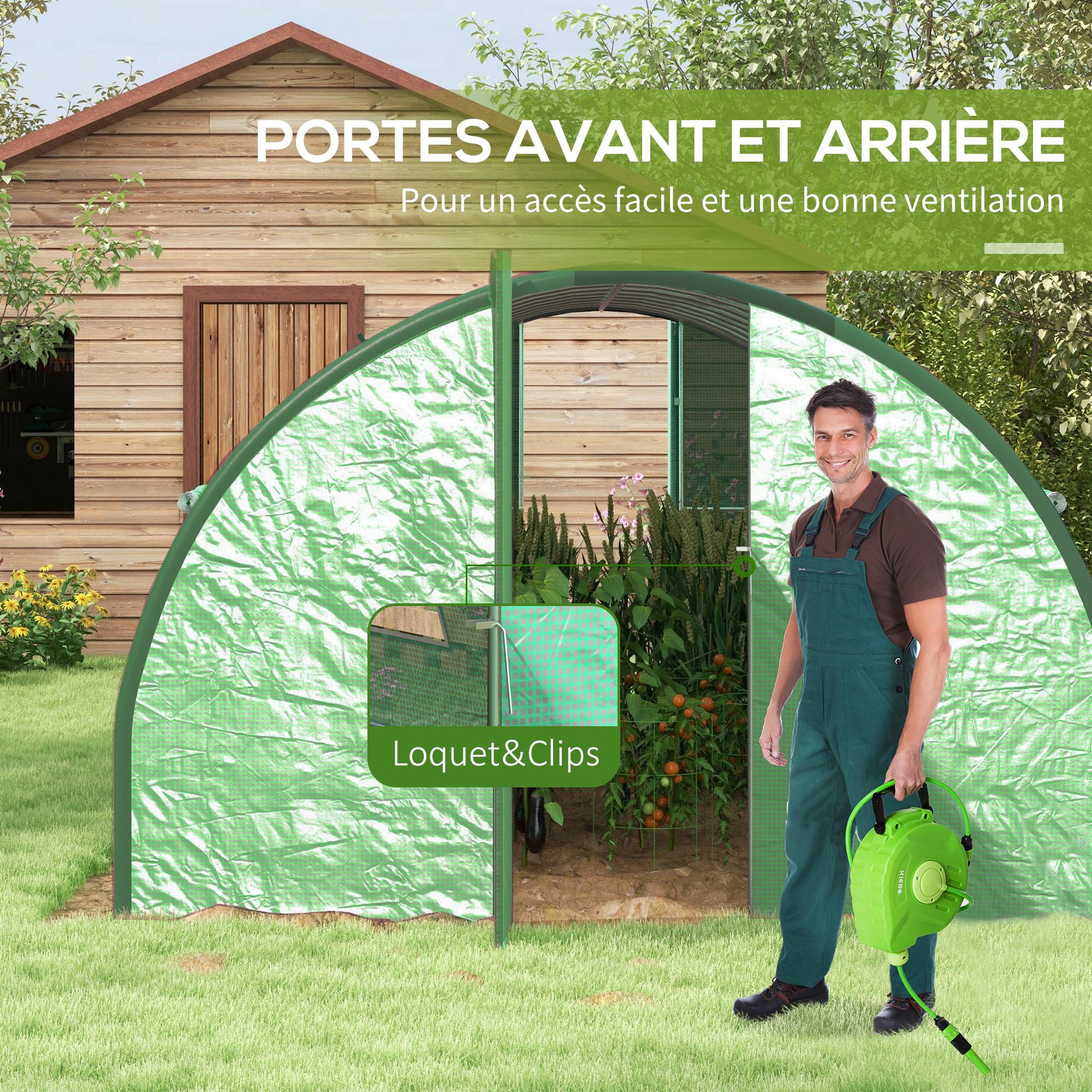 Voir la diapositive 6 : OUTSUNNY Serre de jardin tunnel 18 m² 8 fenêtres 2 portes articulées acier galvanisé PE haute densité vert