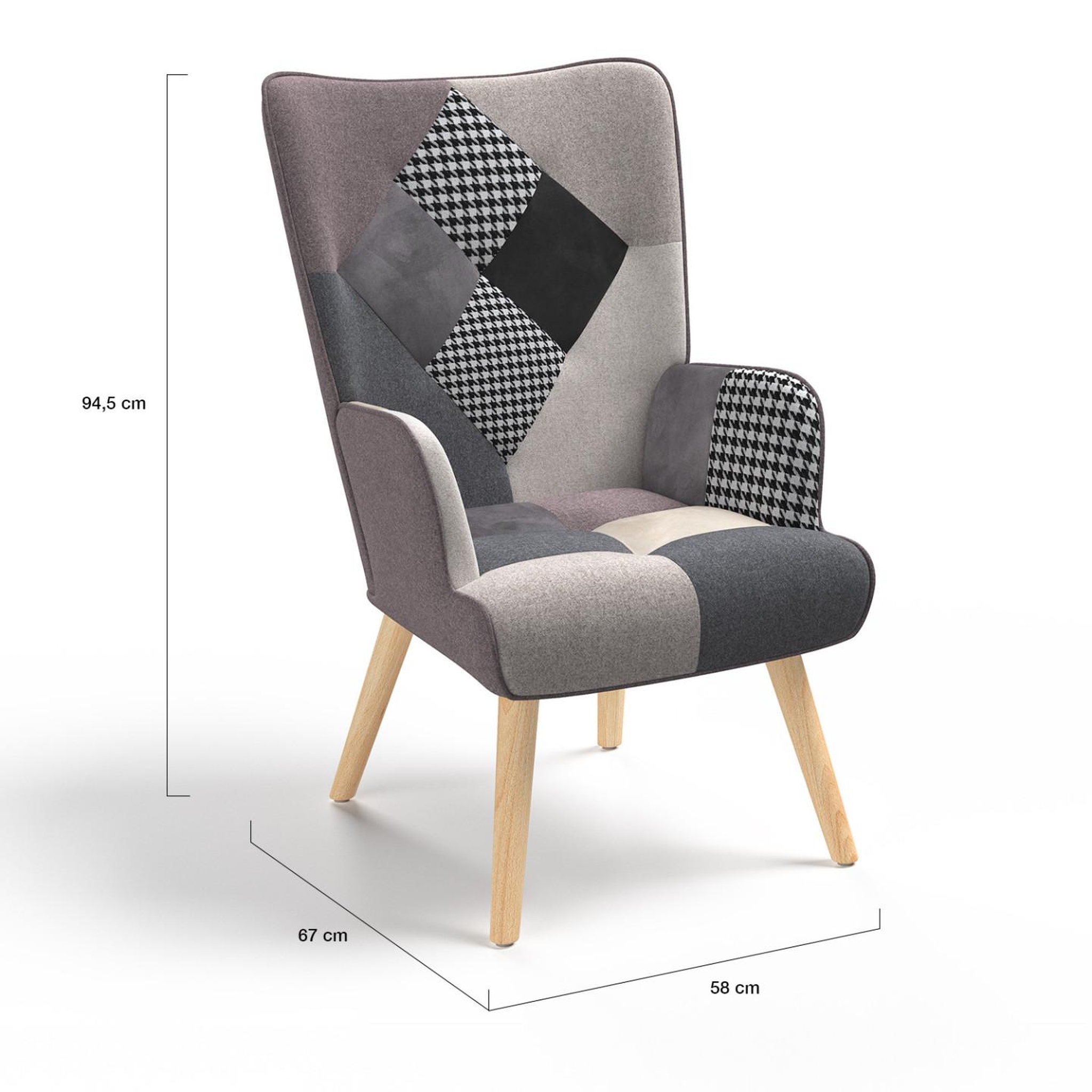 Voir la diapositive 5 : ID MARKET Fauteuil scandinave ivar en tissu patchwork noir, gris et blanc