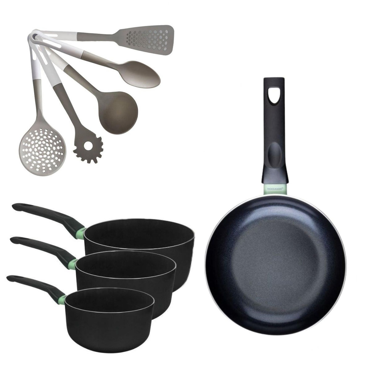 Fackelmann Lot Poêle 28cm et 3 Casseroles 16/18/20cm Fackelmann Brandao avec 5 ustensiles