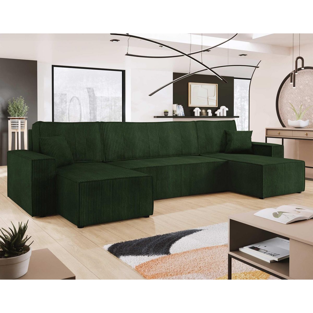 BEST MOBILIER Cezanne - canapé panoramique en u - 7 places - convertible avec coffre - en velours côtelé