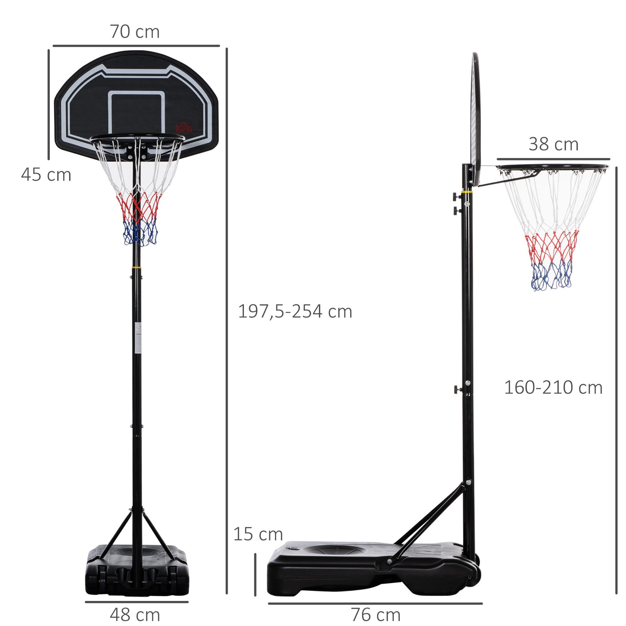 Voir la diapositive 3 : HOMCOM Panier de basketball sur pied hauteur réglable h.197-254 cm lestage roulettes noir blanc