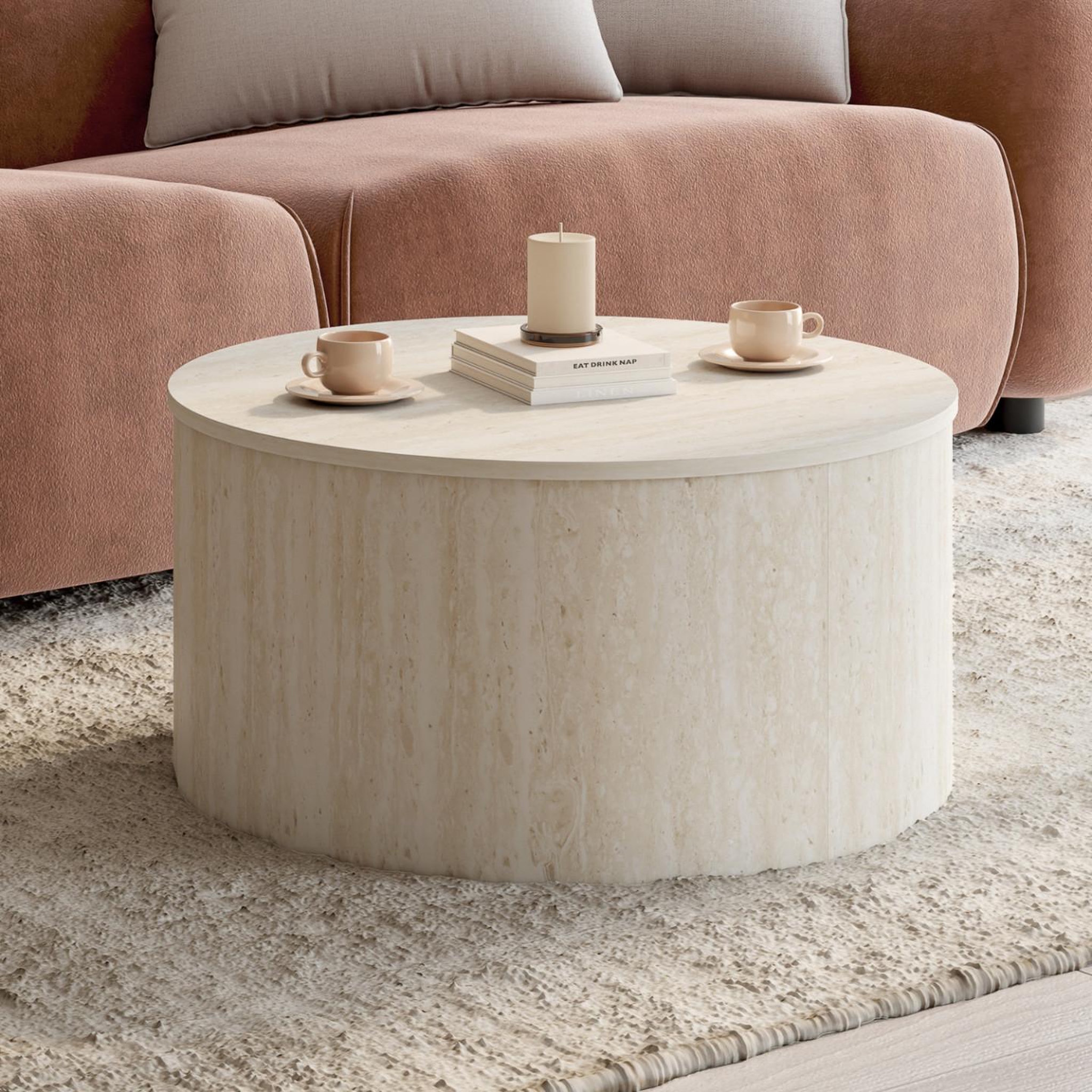 Voir la diapositive 2 : ID MARKET Table basse ronde nova 70 cm bois effet travertin