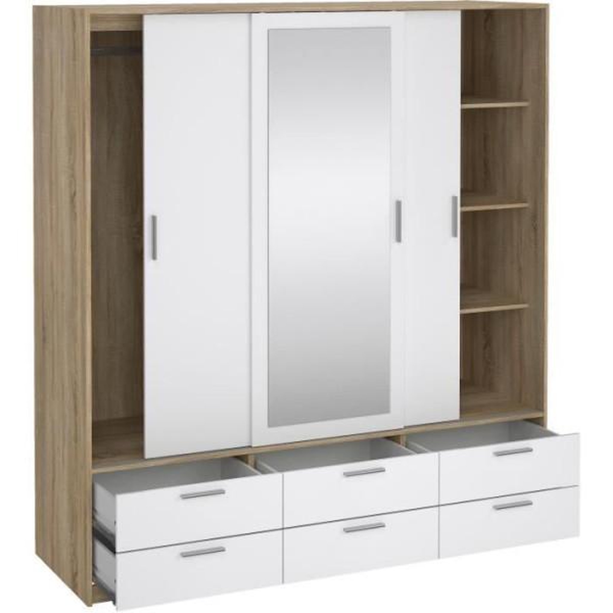 Voir la diapositive 3 : MARKET24 Armoire - Décor Blanc et chene + miroir - 3 portes coulissantes - 6 tiroirs - L181,4 x P60,25 x H200 cm - ONTARIO