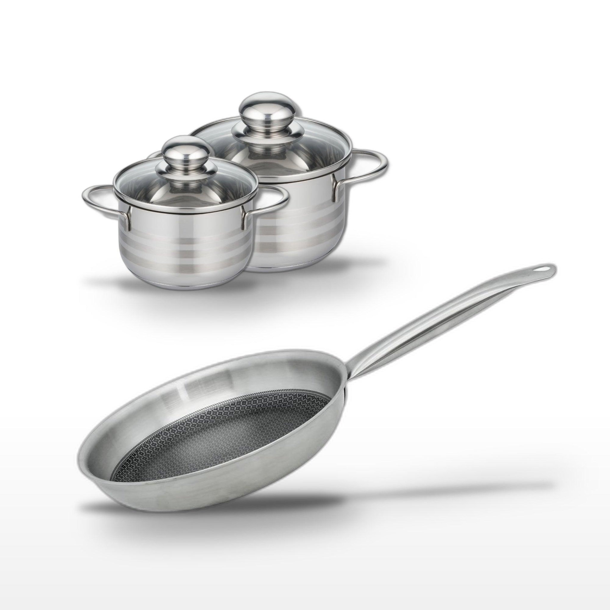 ELO Batterie de cuisine avec 1 poêle de cuisson 28 cm et 2 faitouts 12/14 cm en inox sans pfas elo collection relief solution brillant