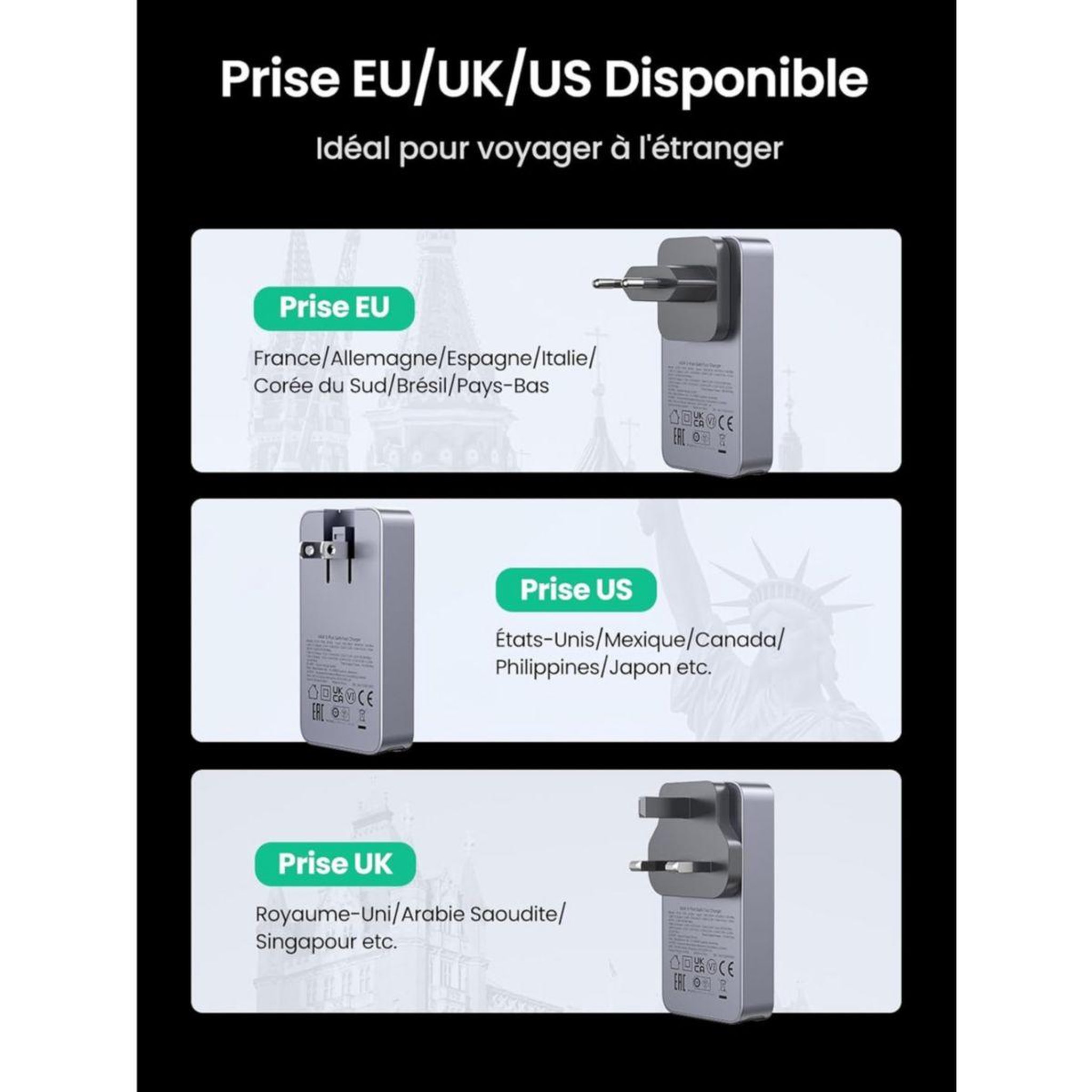 Voir la diapositive 4 : UGREEN Adaptateur de voyage Chargeur secteur mini 65W Gris clair