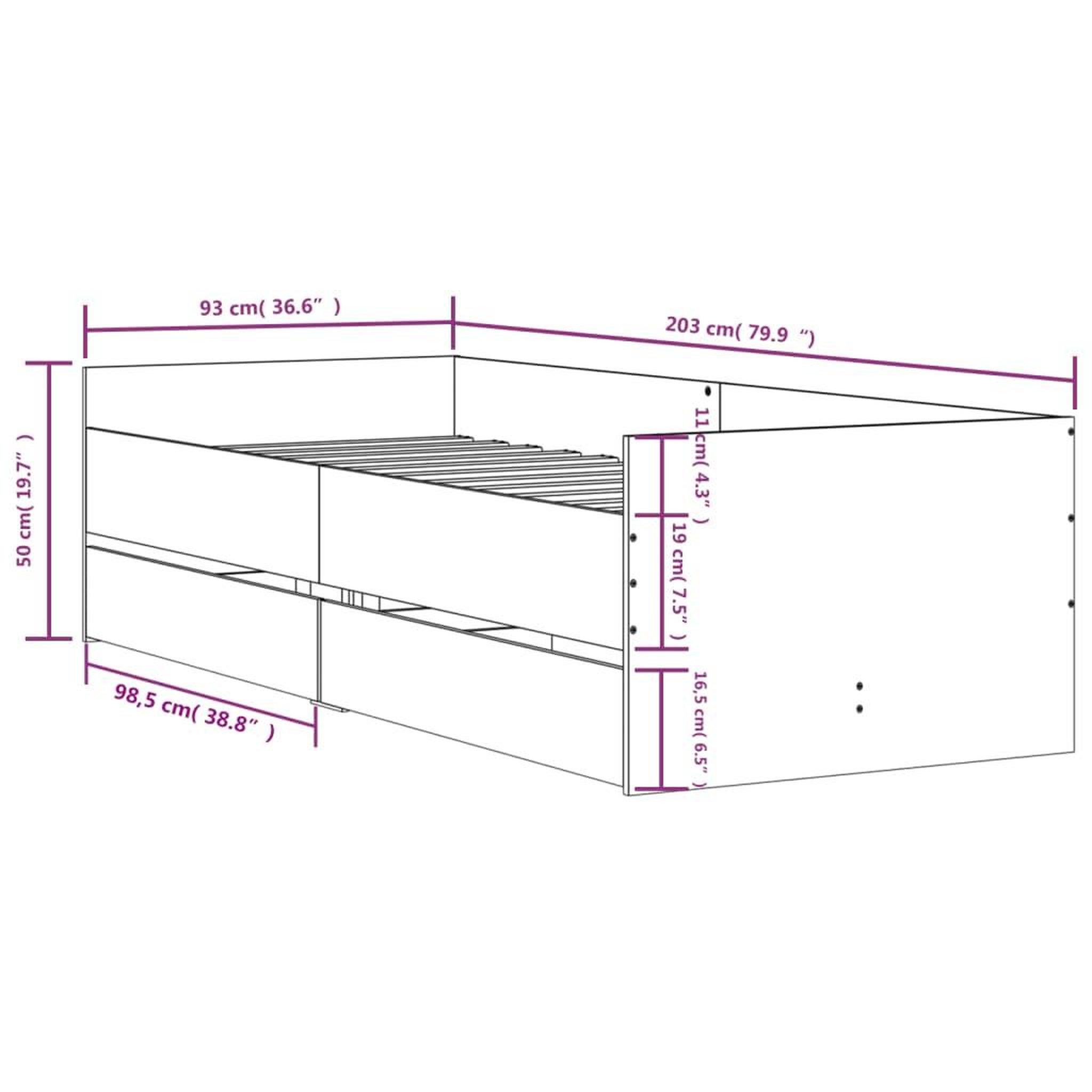 Voir la diapositive 6 : VIDAXL Cadre de lit avec tiroirs sans matelas sonoma gris 90x200 cm