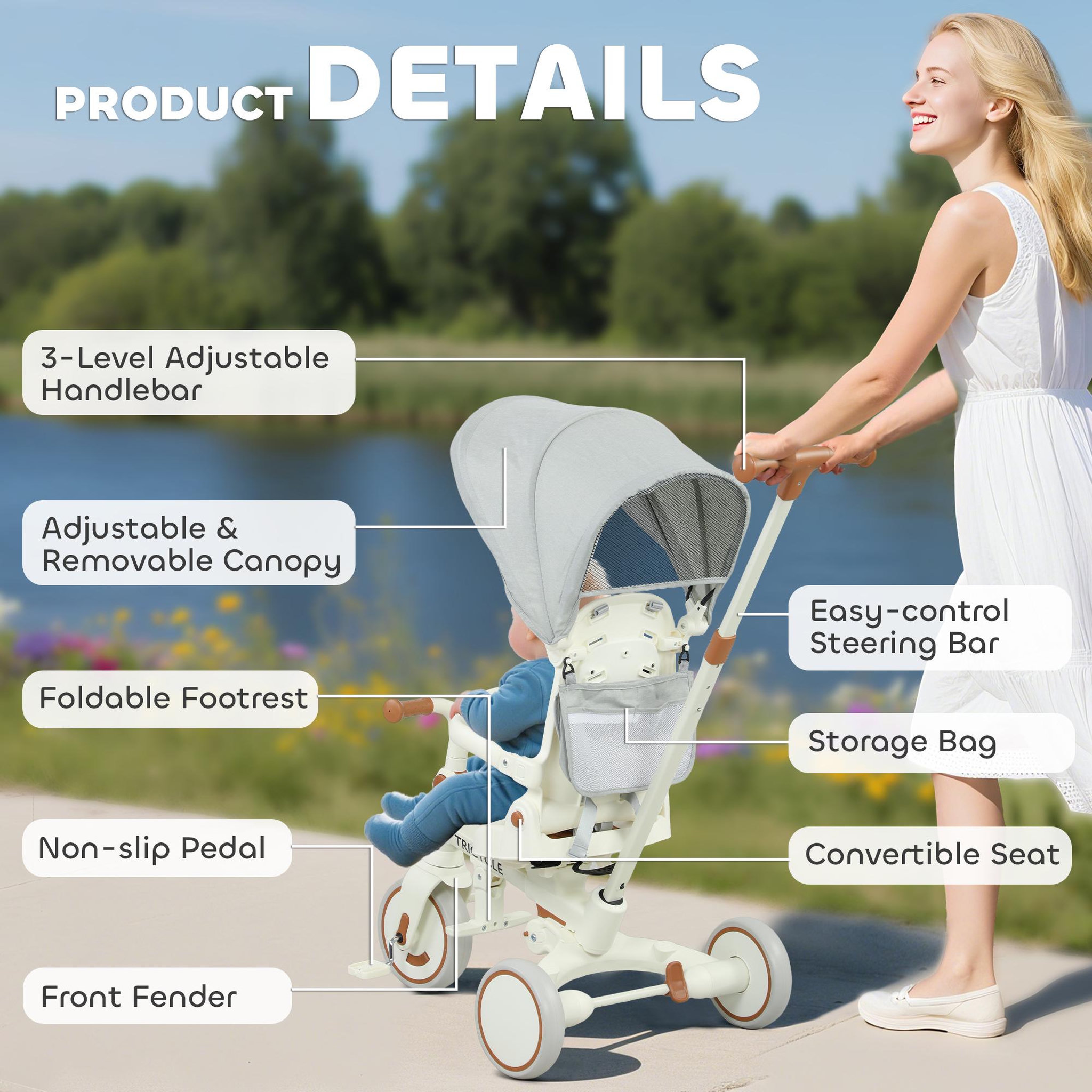 Voir la diapositive 4 : HOMCOM Tricycle enfant pliable évolutif 5 en 1 poignée telescopique auvent amovible marron crème