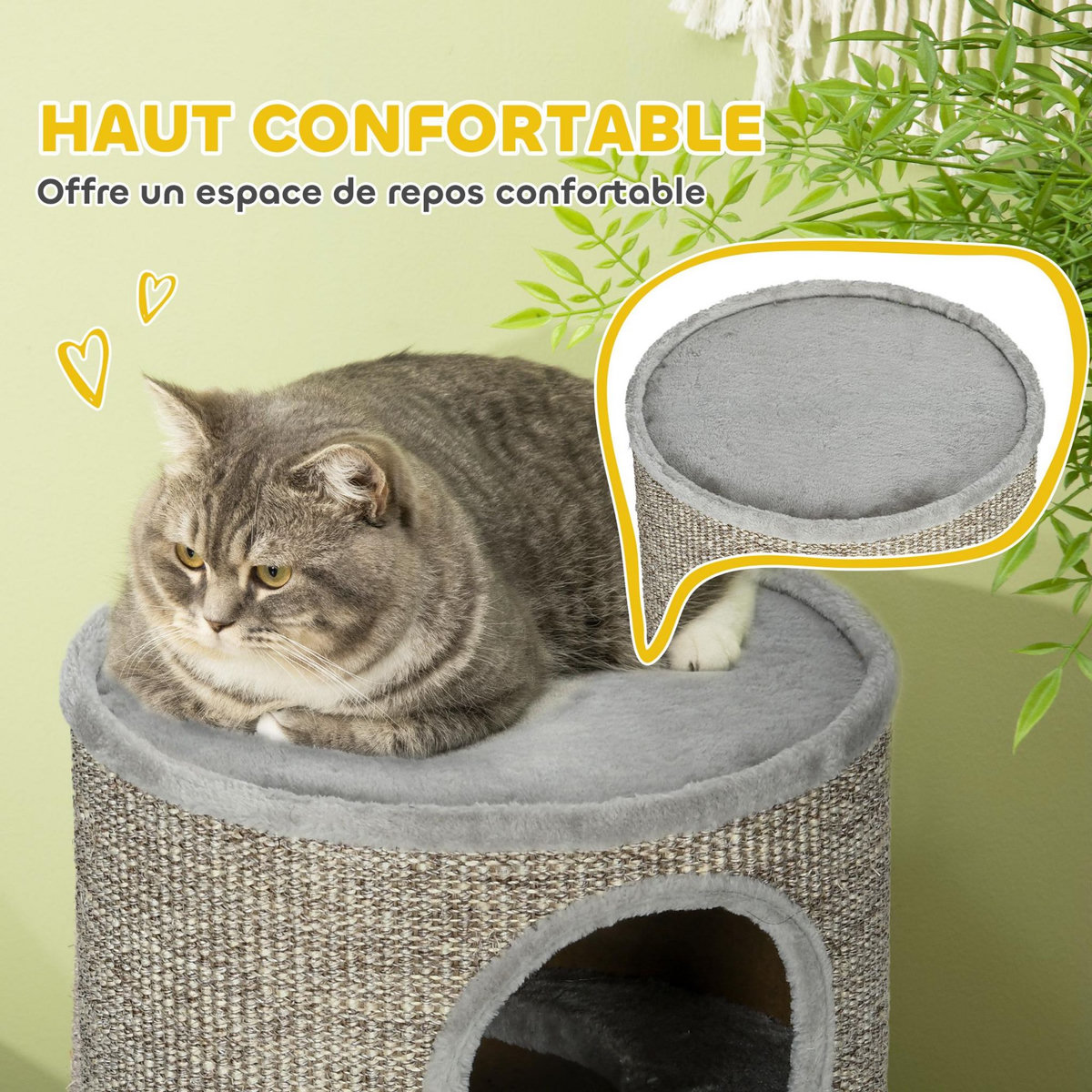 PAWHUT Arbre à chat cylindrique - tour à griffer pour chat - tonneau griffoir - 3 niveaux + plateforme - sisal peluche gris clair