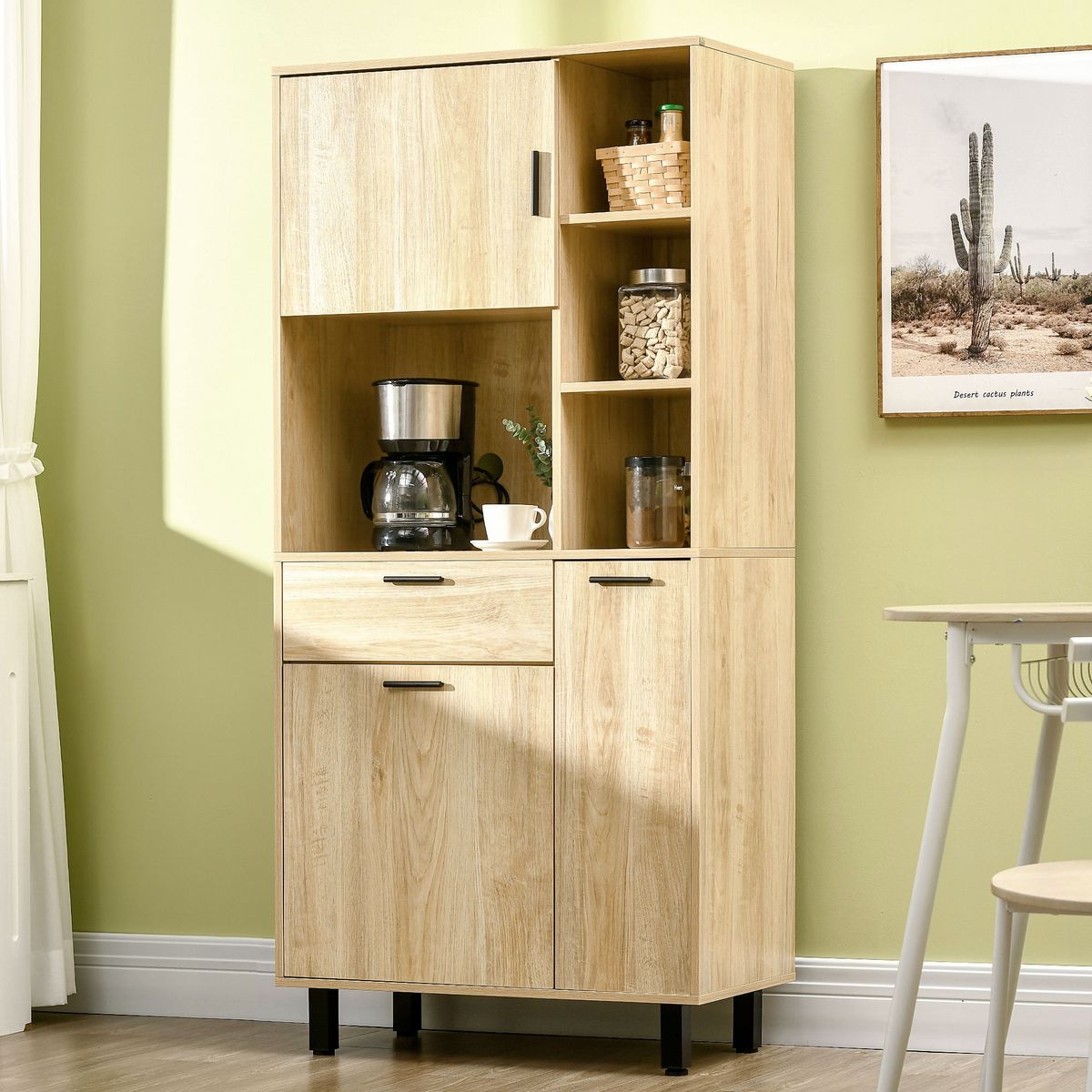 HOMCOM Buffet haut - armoire de cuisine multi-rangement - 3 portes, 4 niches, tiroir - piètement métal noir panneaux particules aspect bois clair