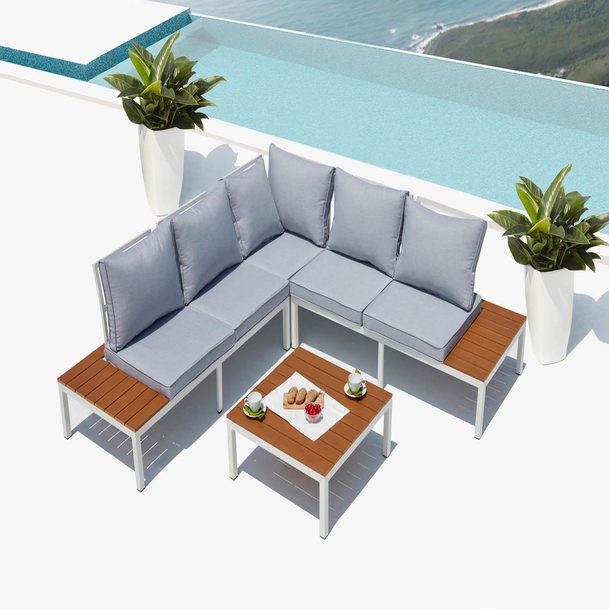 Voir la diapositive 2 : CONCEPT USINE Salon de jardin bas 5 places en aluminium gris et blanc FIRA