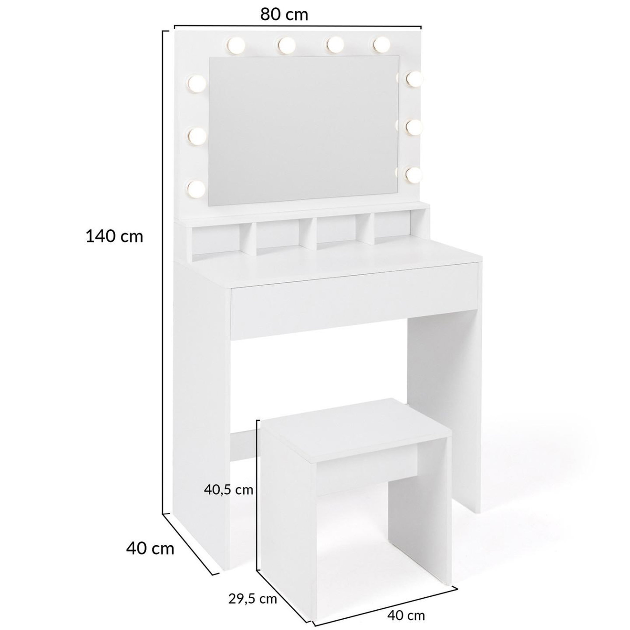 Voir la diapositive 4 : ID MARKET Coiffeuse zelia miroir led avec 4 niches, 1 tiroir et tabouret