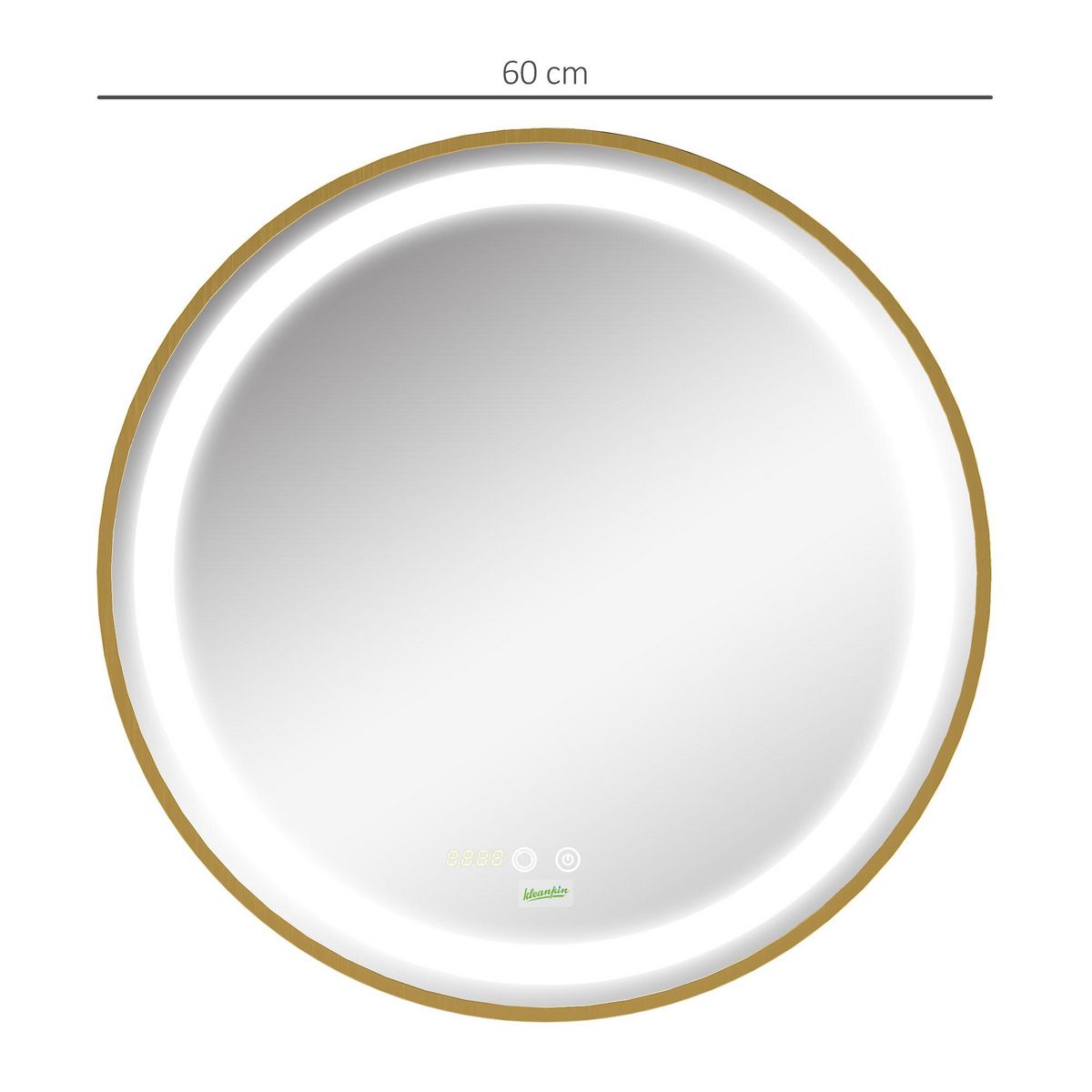 KLEANKIN Miroir rond LED tactile salle de bain dia. 60 cm - 3 couleurs température, affichage heure - alu doré