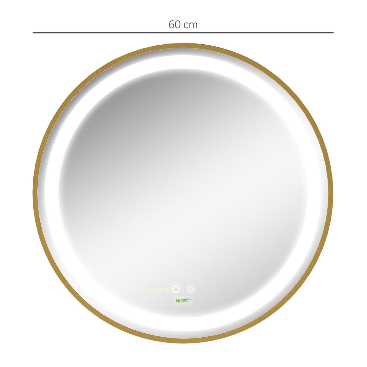 KLEANKIN Miroir rond LED tactile salle de bain dia. 60 cm - 3 couleurs température, affichage heure - alu doré
