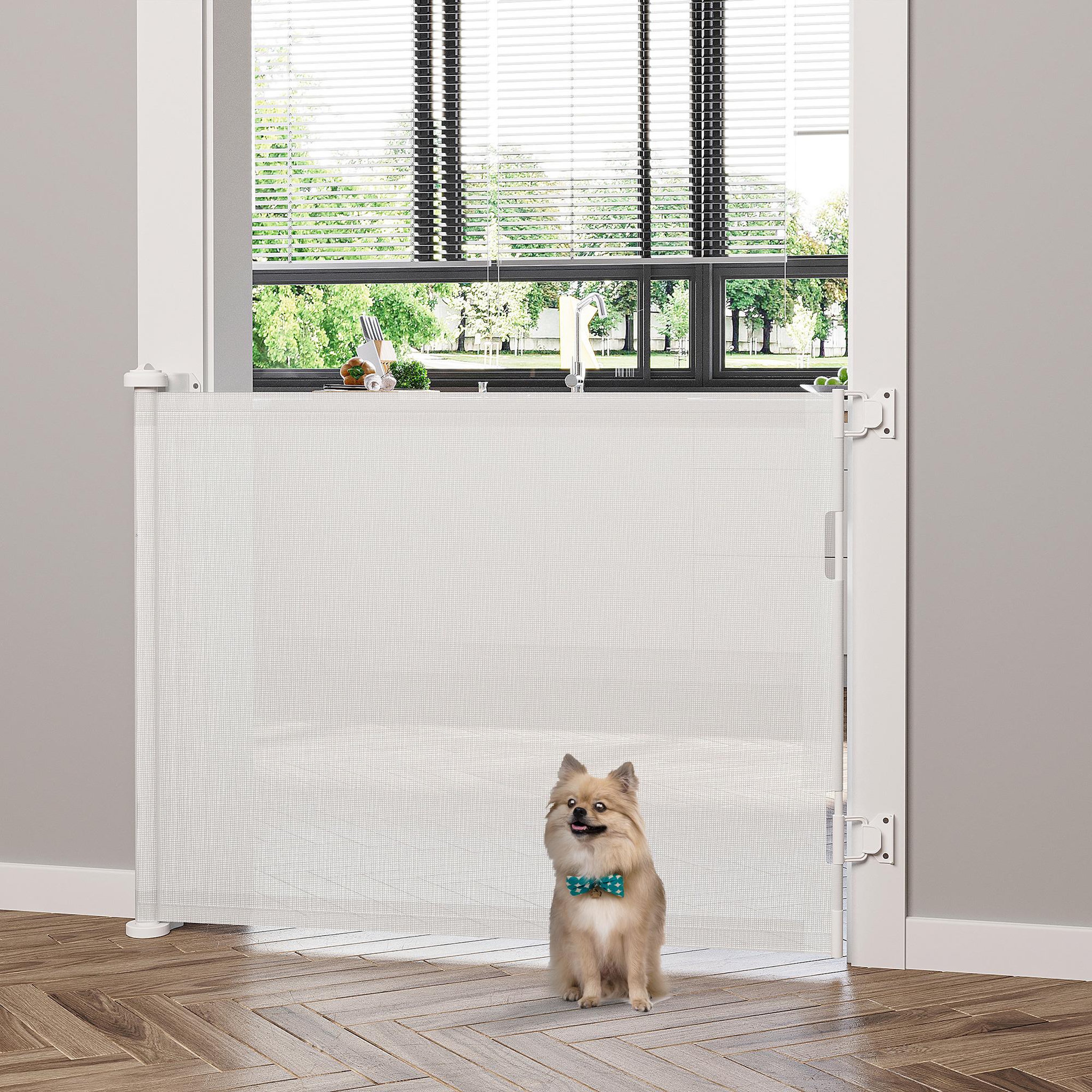 Voir la diapositive 4 : PAWHUT Barrière de sécurité barrière animaux rétractable automatique 1,65L x 0,85H m teslin alu. PVC blanc