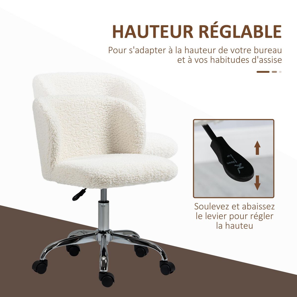 HOMCOM Chaise de bureau design - hauteur réglable, pivotante - piètement acier chromé revêtement effet laine bouclée blanc