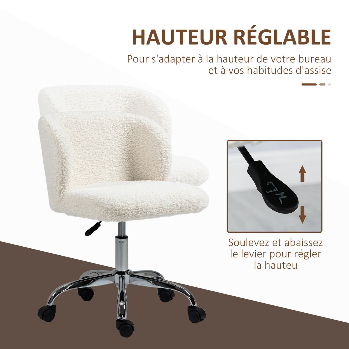 HOMCOM Chaise de bureau design - hauteur réglable, pivotante - piètement acier chromé revêtement effet laine bouclée blanc