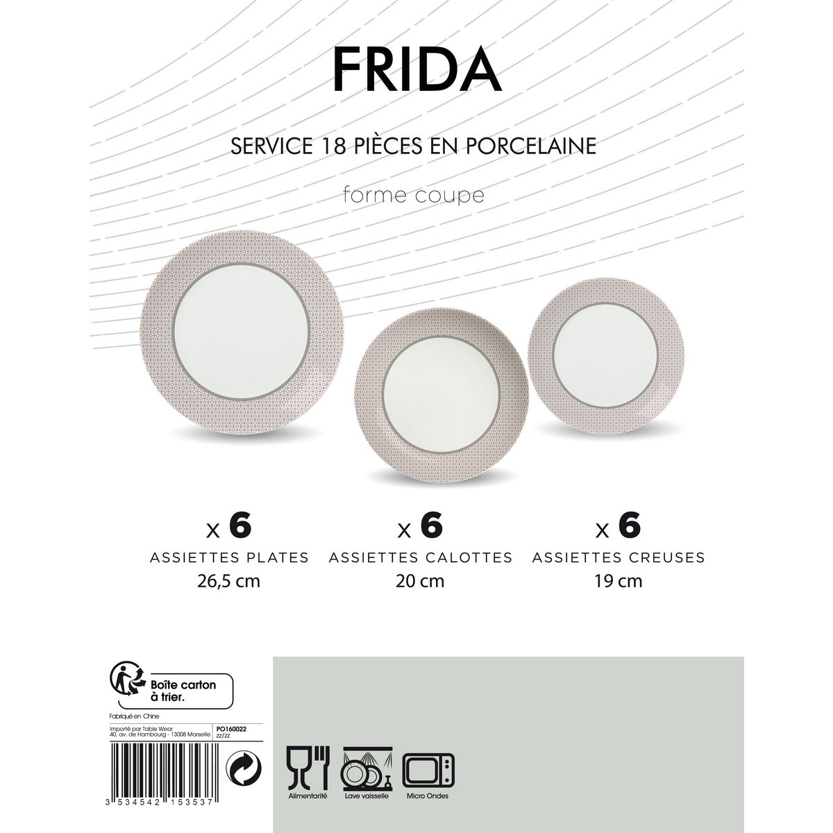 Service d'assiettes porcelaine FRIDA 18 pièces      