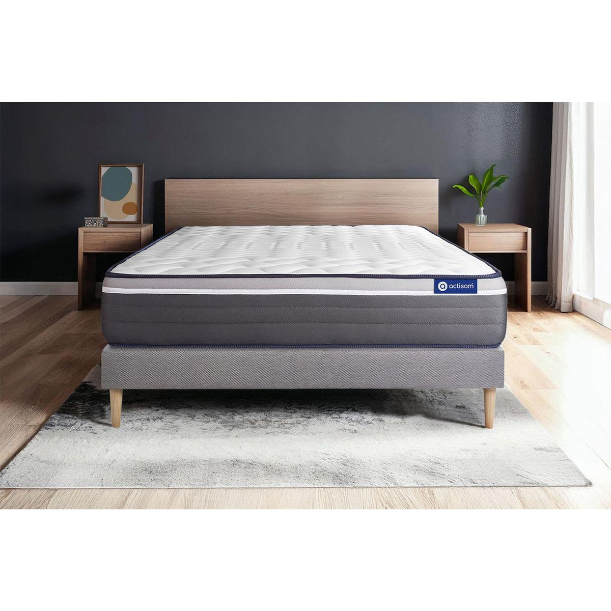ACTISOM Ensemble matelas ACTIMEMO PLUS 200x200 Mémoire de forme Maxi épaisseur 7zones de confort + sommier KIT gris