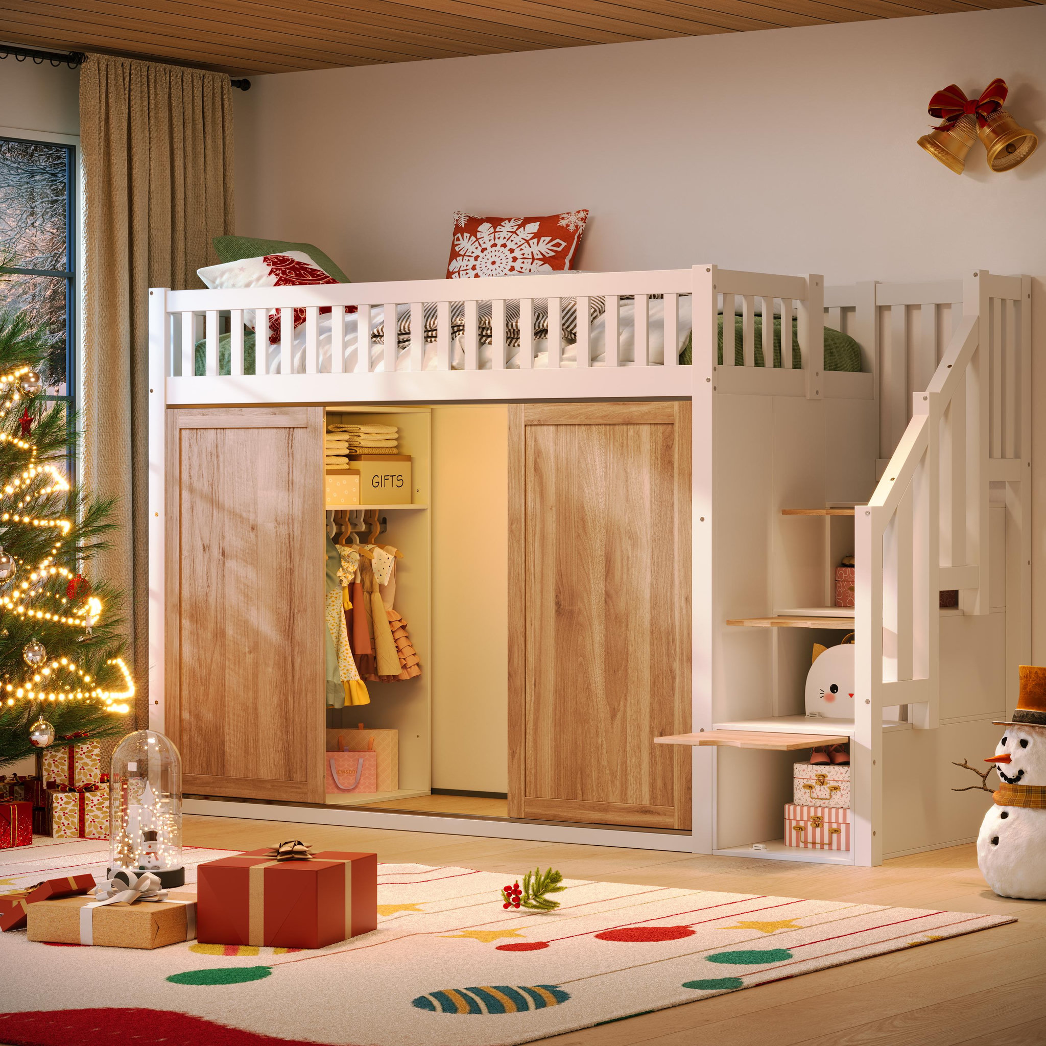 Voir la diapositive 2 : MERAX Lit combiné enfant 90x200 cm coloris blanc+naturel bois massif