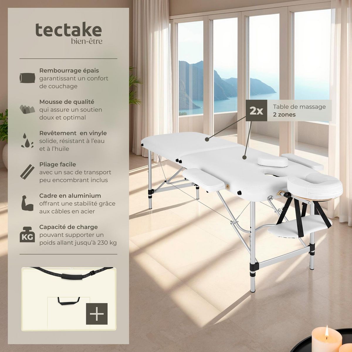 tectake Table de massage portable pliante 2 zones avec sac de transport inclus blanc
