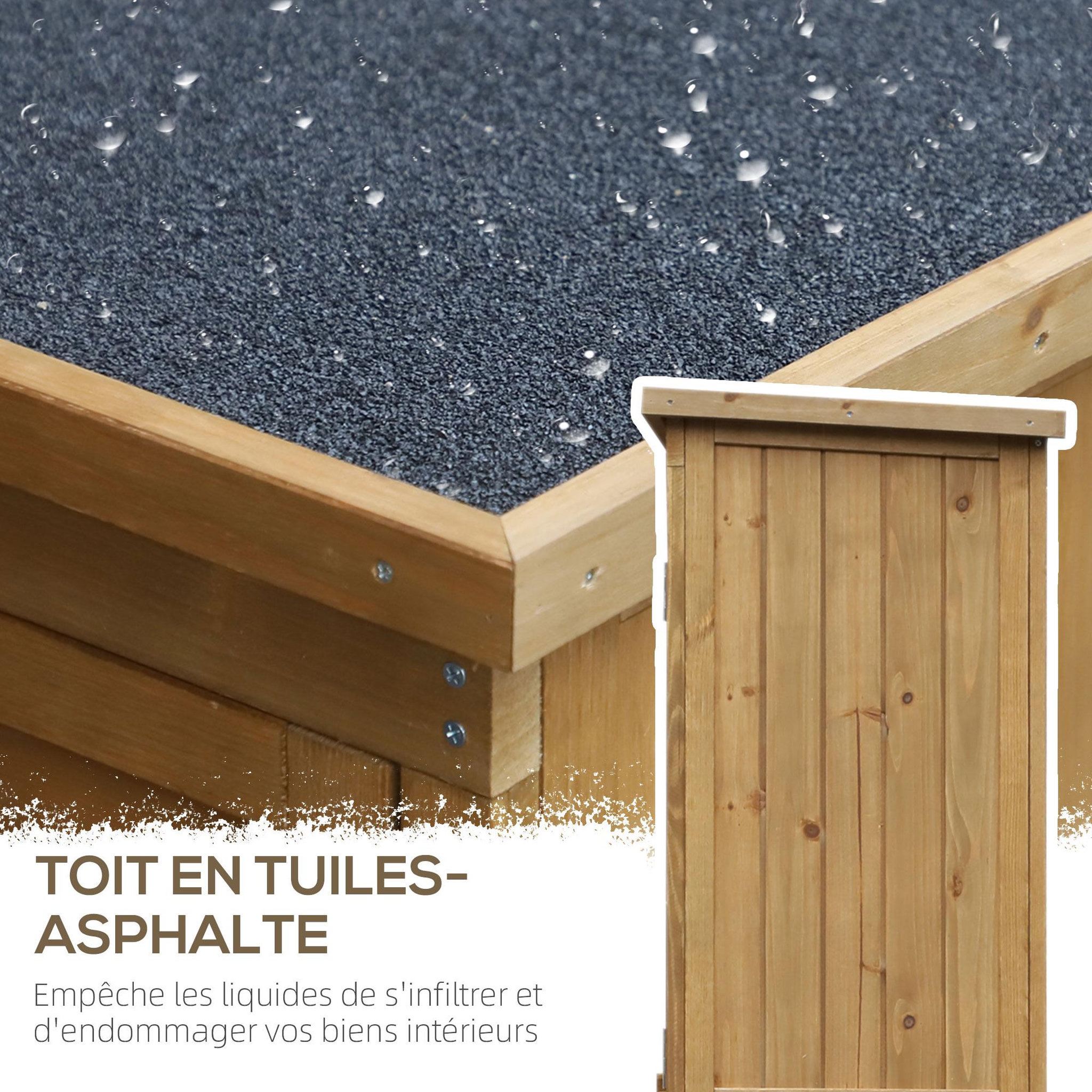 Voir la diapositive 5 : OUTSUNNY Armoire de jardin abri jardin remise pour outils sur pied 2 étagères portes persiennes toit bitumé étanche bois sapin pré-huilé