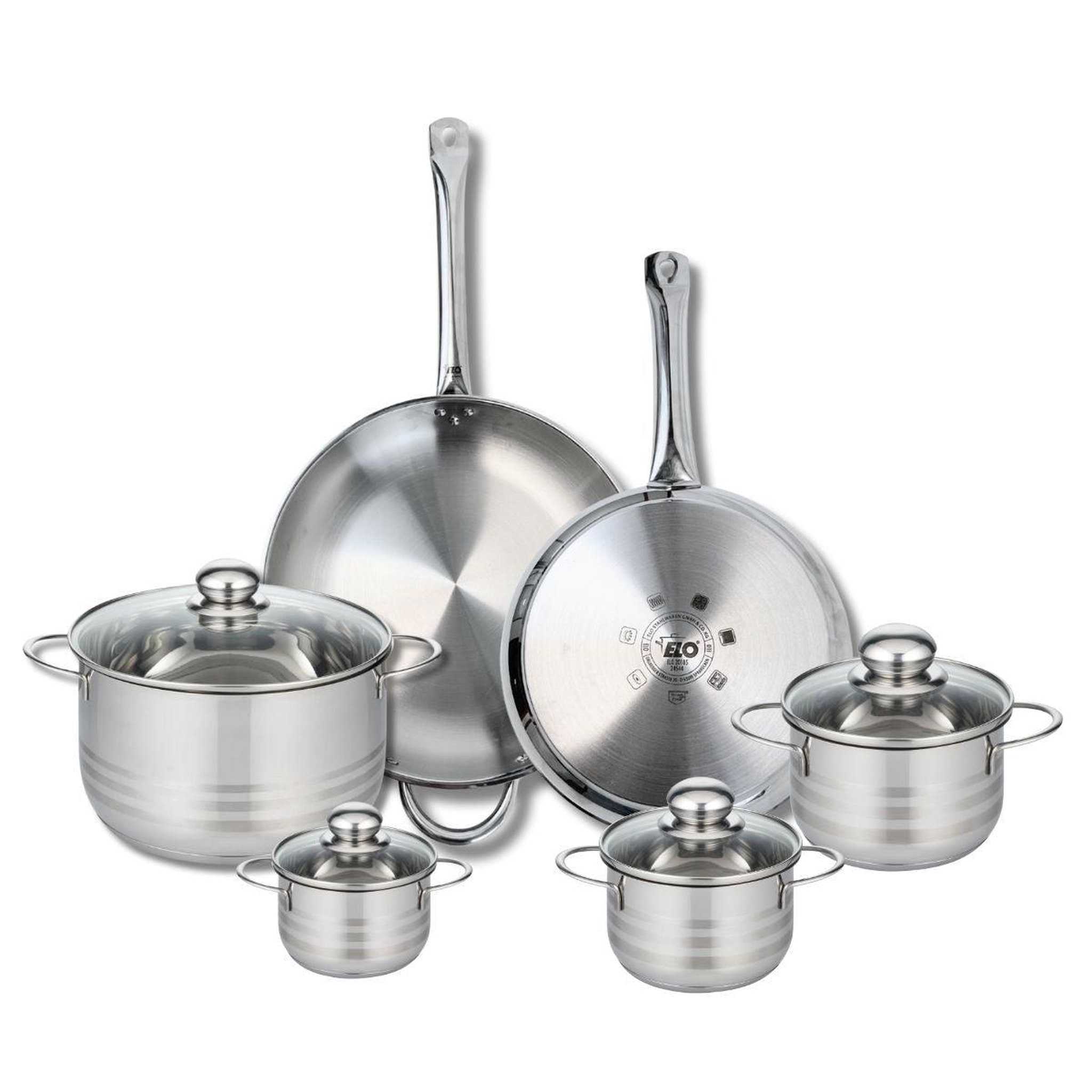 ELO Ensemble de 2 poêles de cuisson 28 et 32 cm et 4 faitouts 12, 14, 16 et 24 cm elo profi brillant
