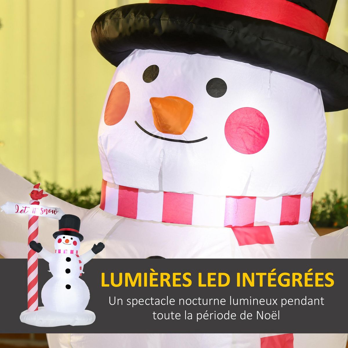 OUTSUNNY Bonhomme de neige gonflable avec pancarte 3 LED, décoration gonflable de Noël pour l'extérieur et l'intérieur, hauteur 213 cm, polyester imperméable, blanc