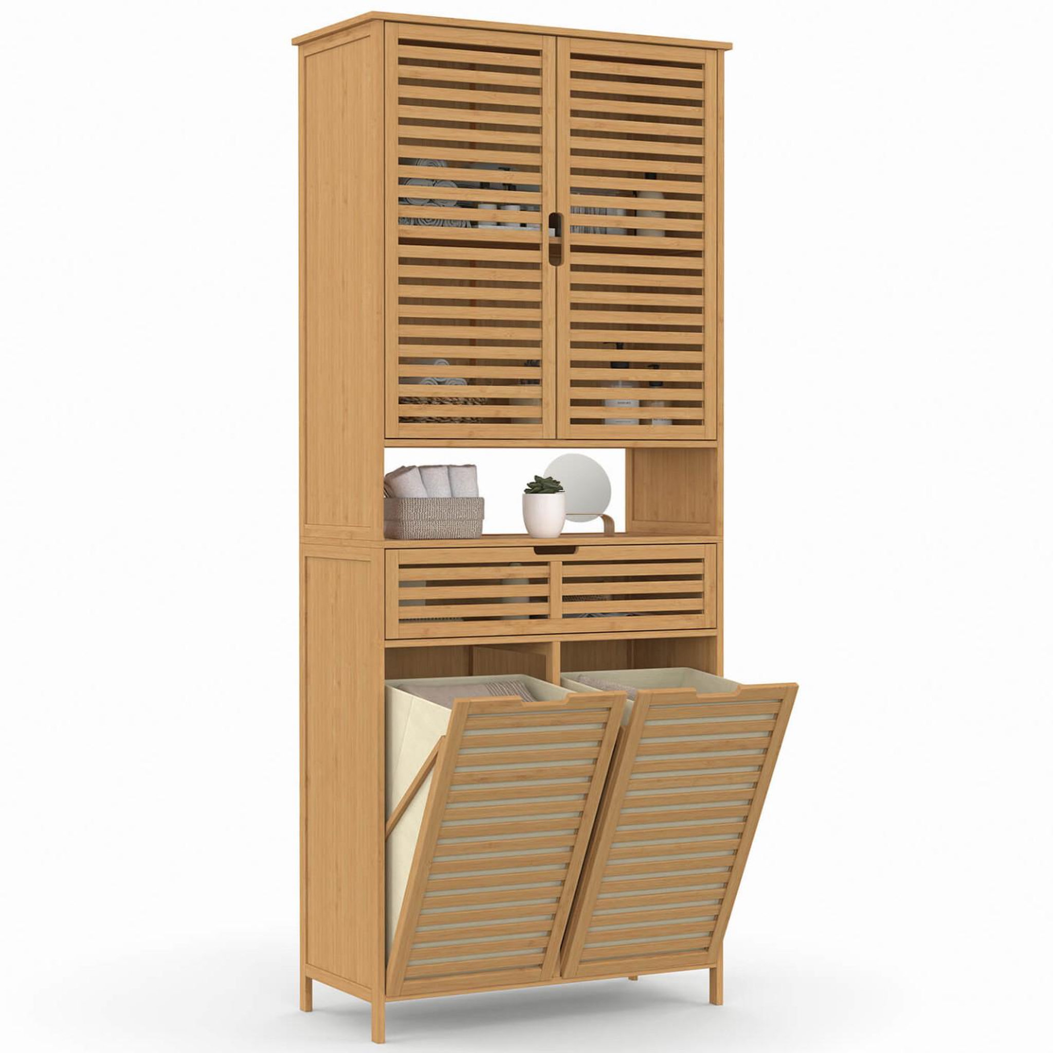 ID MARKET Meuble armoire colonne salle de bain bambou BEA 4 portes avec 2 paniers à linge amovibles 1 tiroir