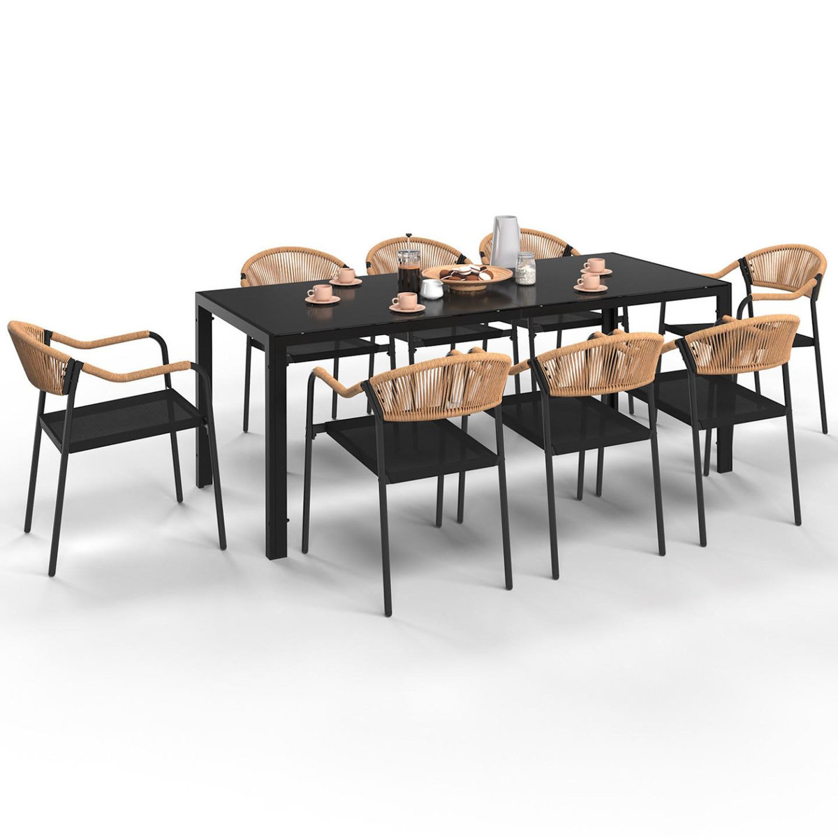 ID MARKET Salon de jardin MADEIRA table 190 cm et 8 chaises cordage et textilène noir et rotin clair