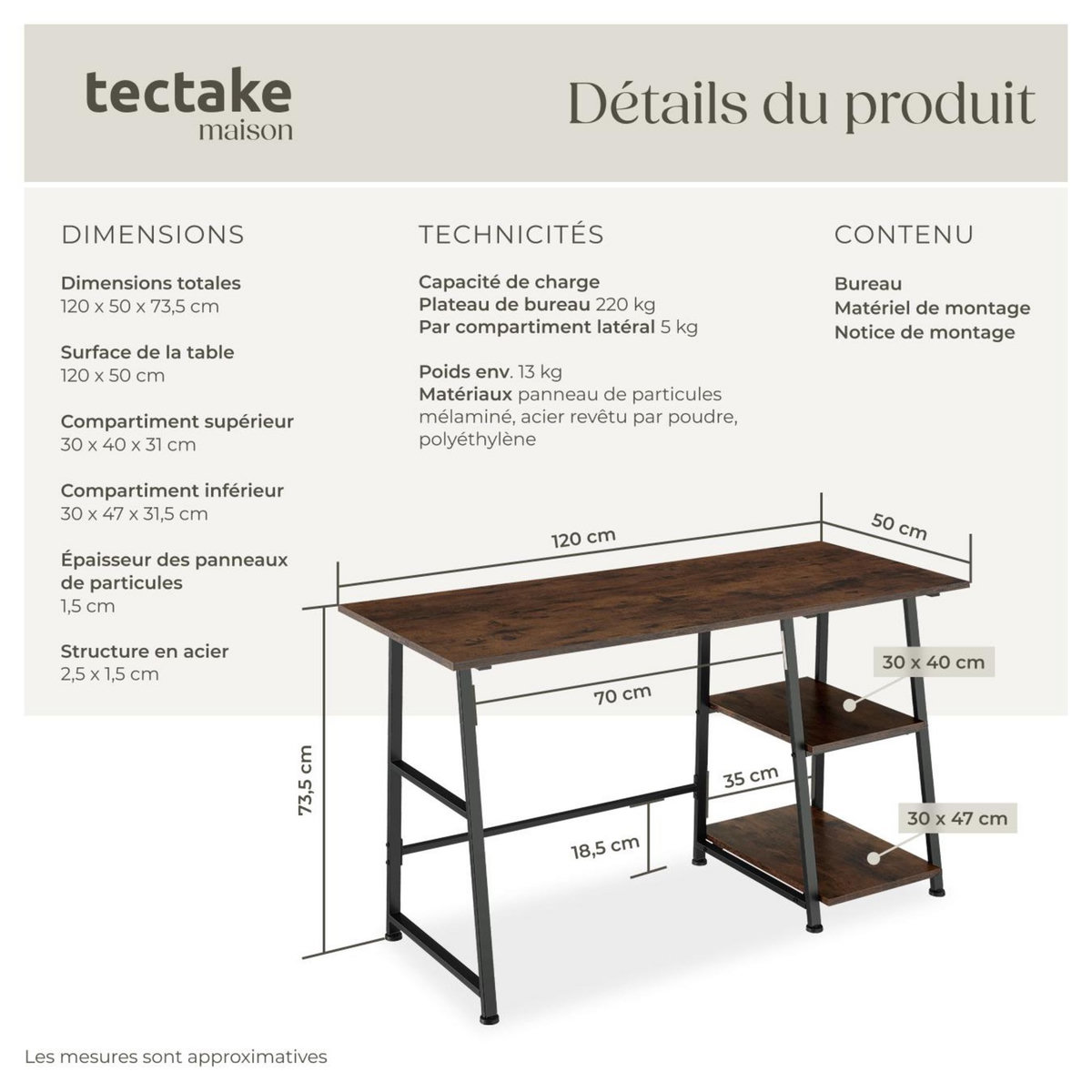 tectake Bureau Style industriel Étagère latérale avec 2 compartiments de stockage