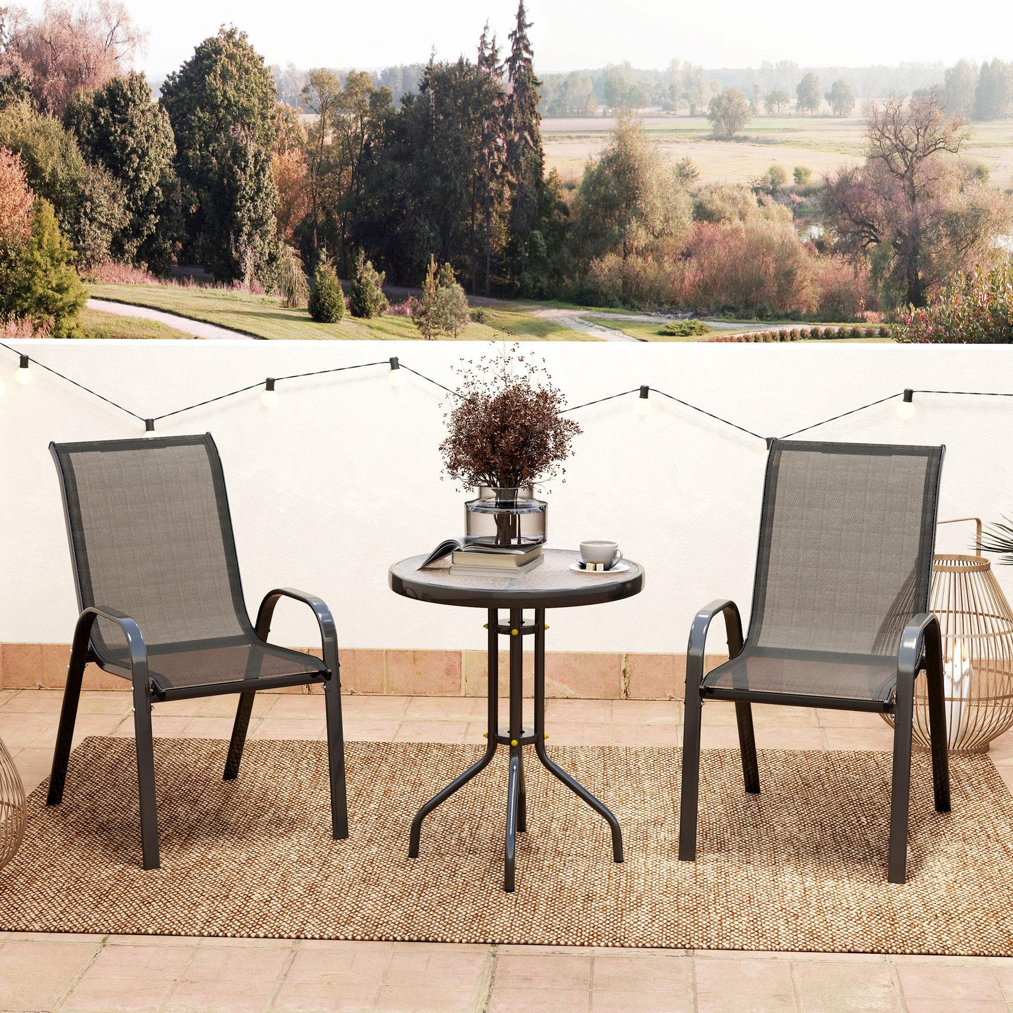 Voir la diapositive 2 : OUTSUNNY Ensemble bistro de jardin 3 pièces - 2 chaises, table ronde plateau verre - acier textilène noir
