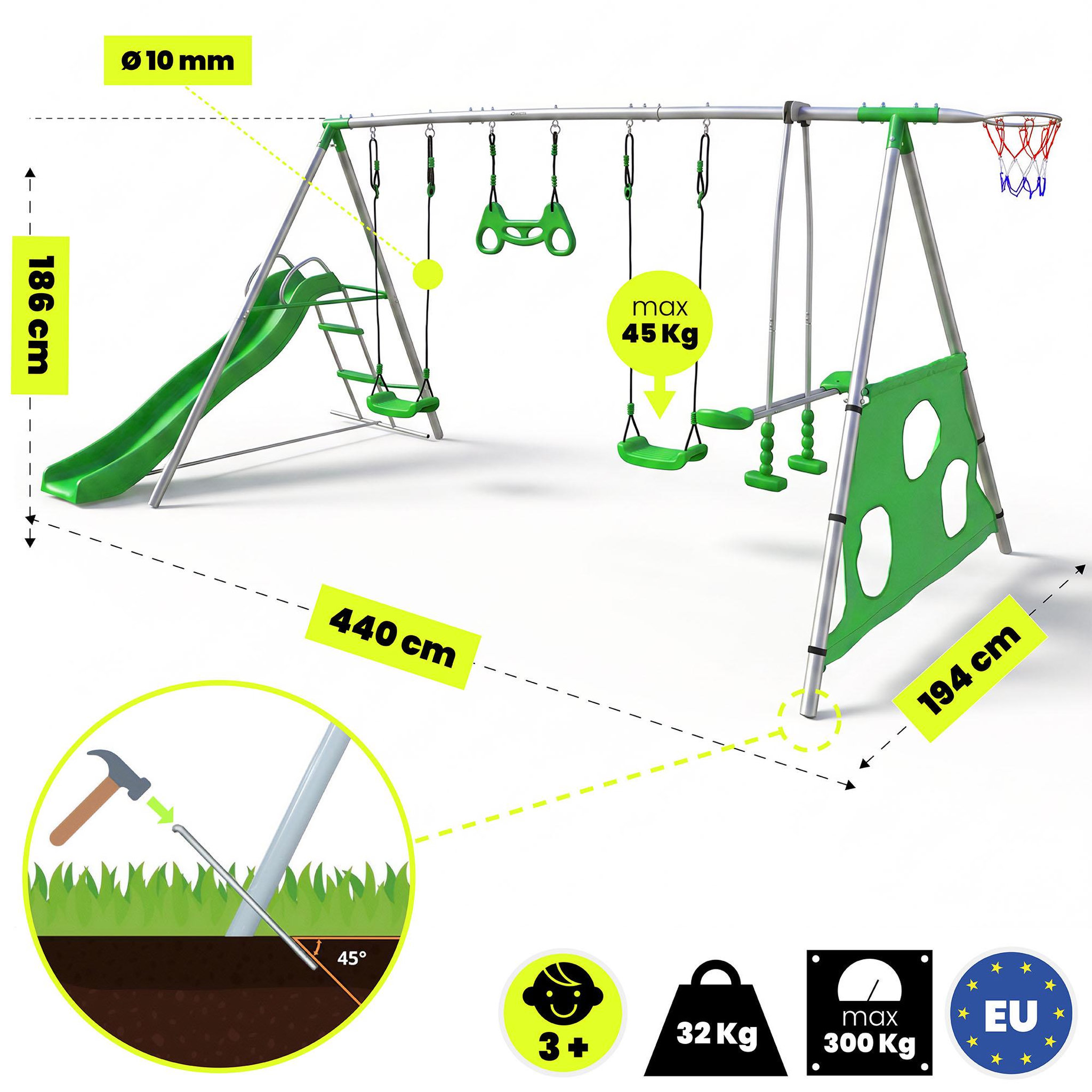Voir la diapositive 5 : HYPERMOTION Aire de jeux de jardin XXXL avec balançoires, toboggan et accessoires sportifs