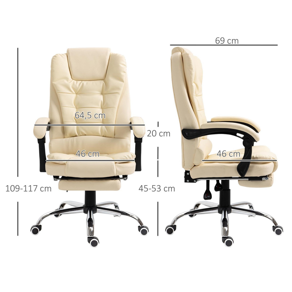 HOMCOM Fauteuil de bureau fauteuil manager grand confort réglable dossier inclinable repose-pied revêtement synthétique crème