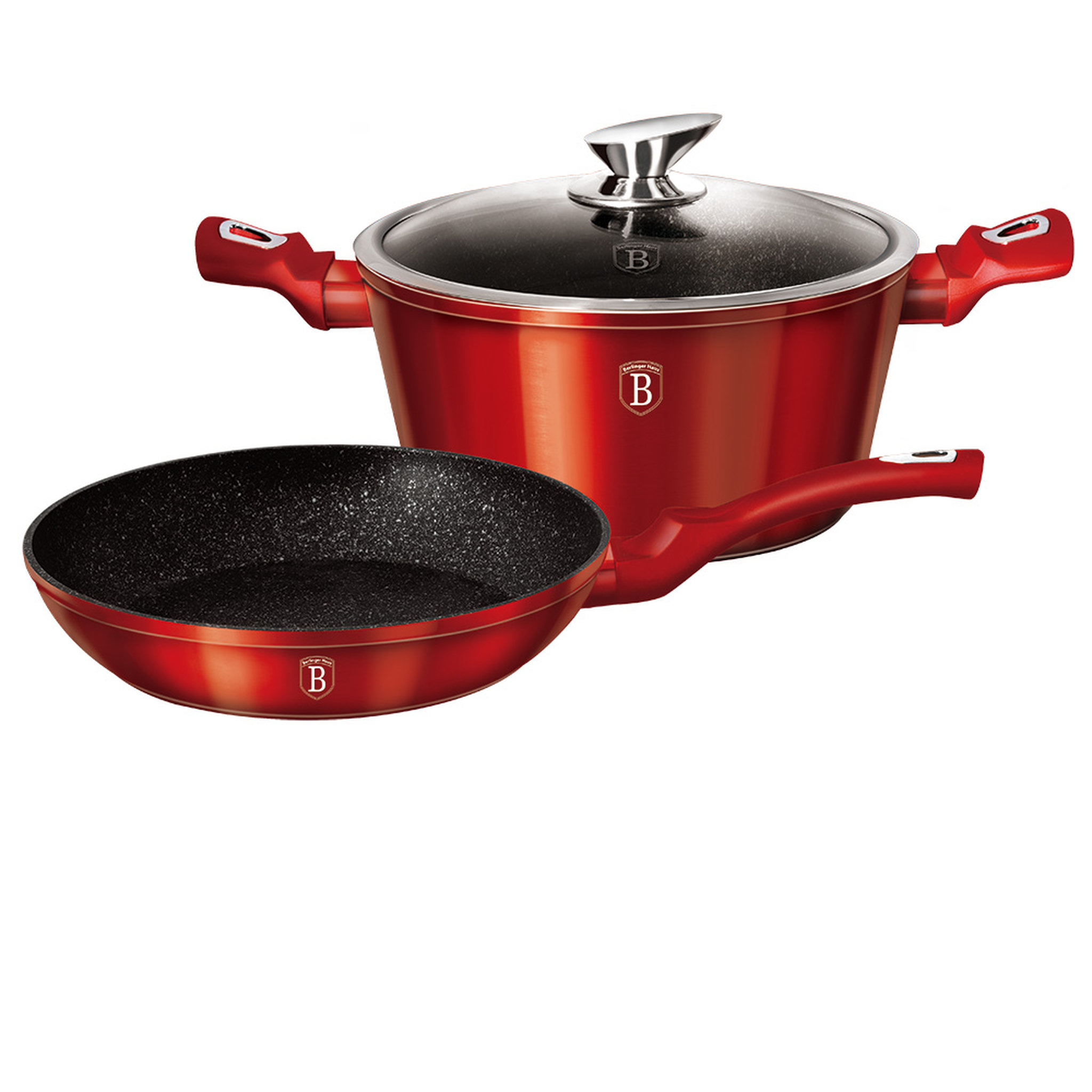 Voir la diapositive 1 : BERLINGER HAUS Lot faitout 24 cm + poêle 24 cm induction Aluminium forgé rouge métal 
