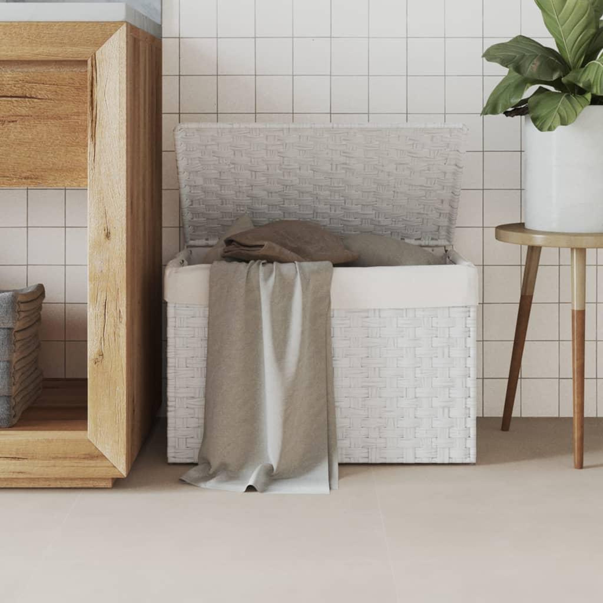 VIDAXL Panier a linge avec couvercle blanc 55,5x35x34cm resine tressee