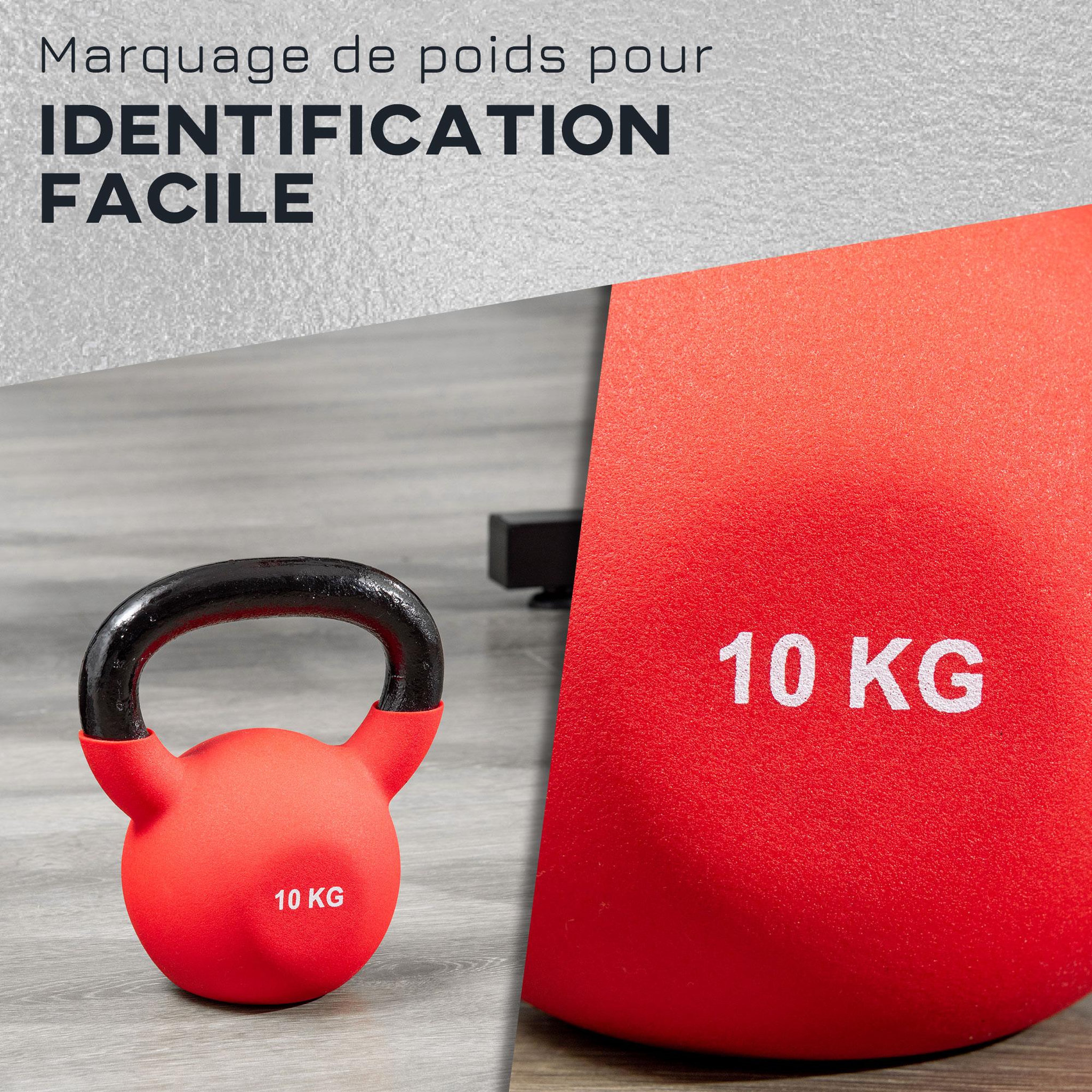 Voir la diapositive 5 : HOMCOM Kettlebell 10 kg en métal large poignée antidérapante fond plat rouge noir