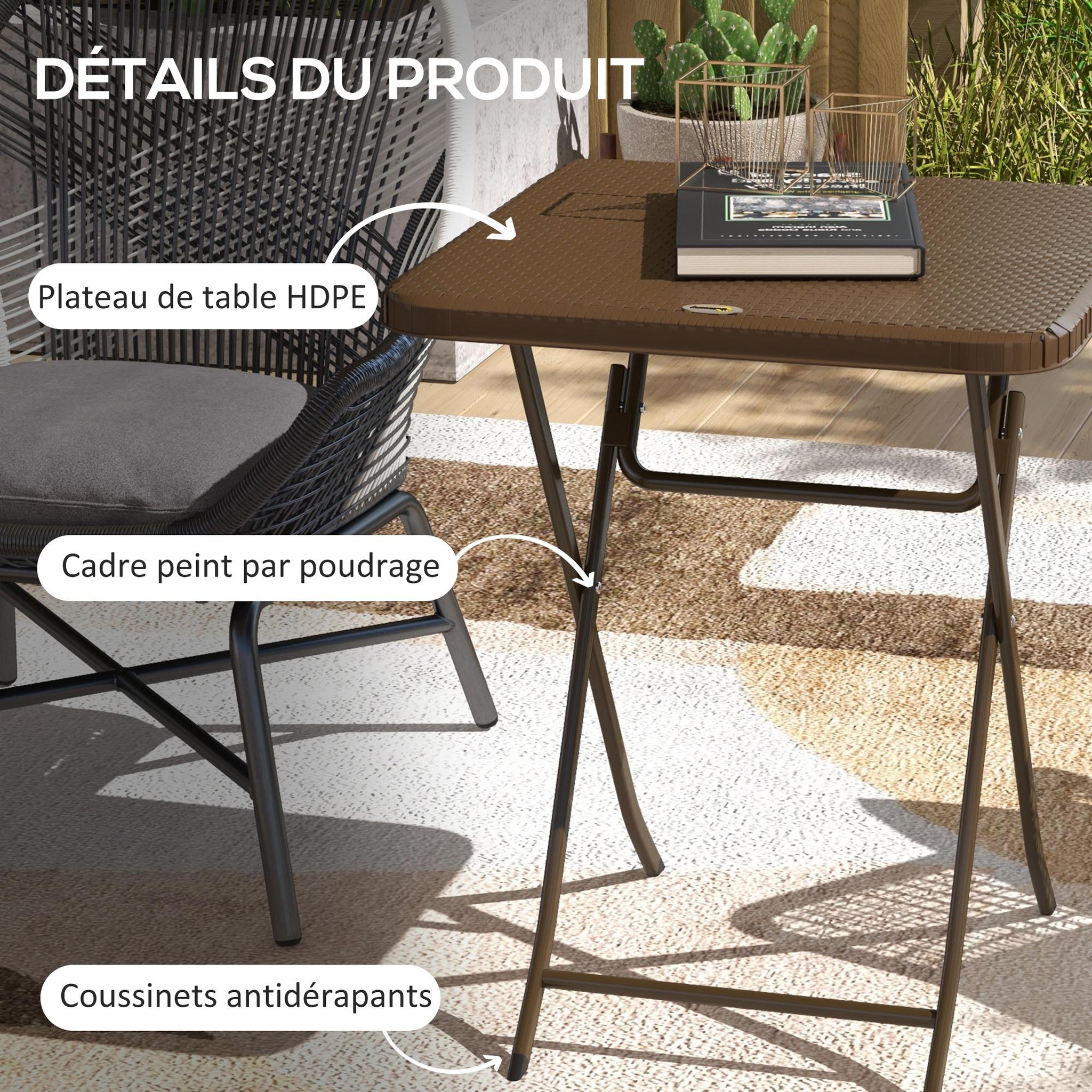 Voir la diapositive 5 : OUTSUNNY Table de jardin pliante table de camping pliable dim. 60L x 60l x 71H cm acier époxy HDPE aspect rotin tressé marron