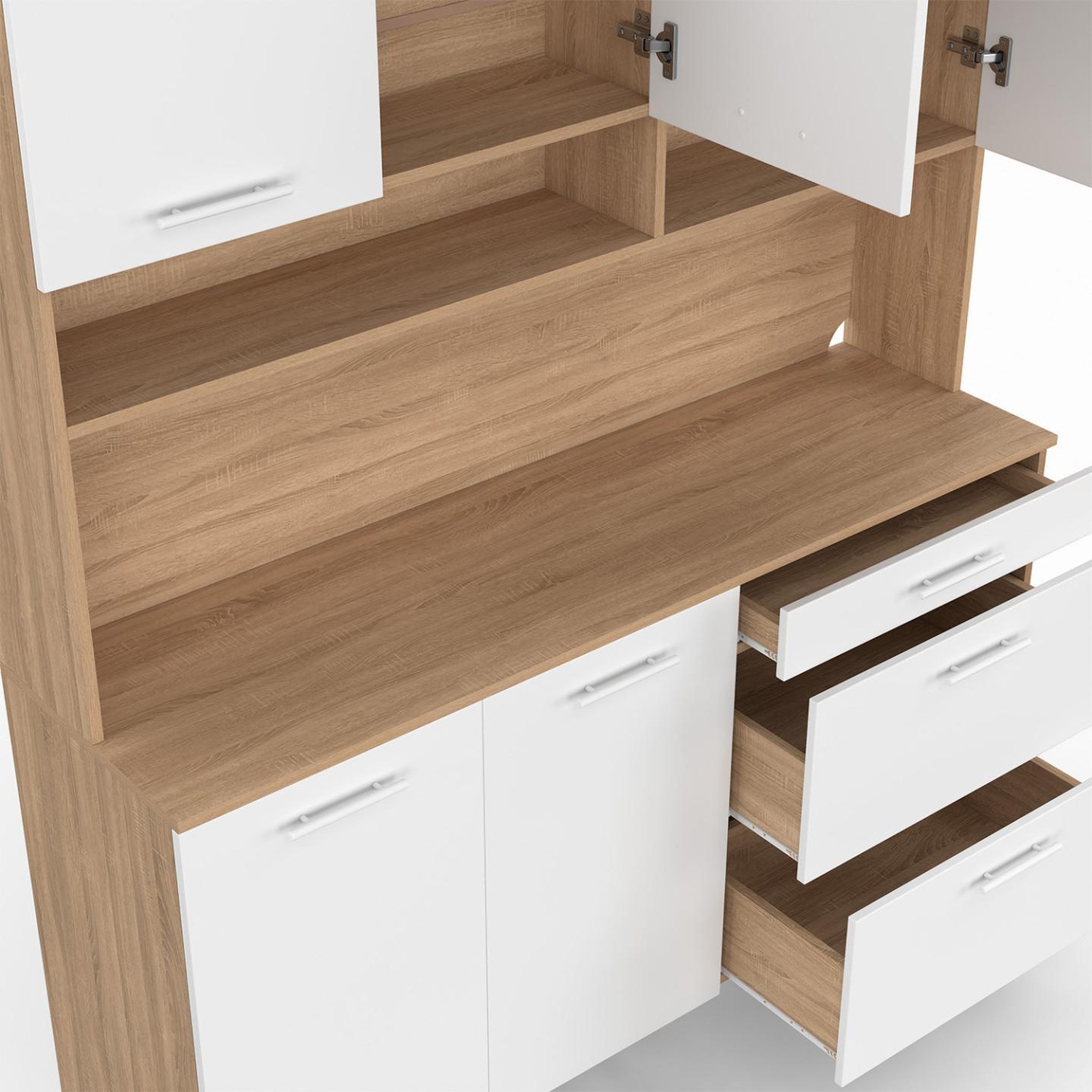Voir la diapositive 6 : ID MARKET Buffet casserolier de cuisine 140 cm cina 5 portes + 3 tiroirs façon hêtre et blanc